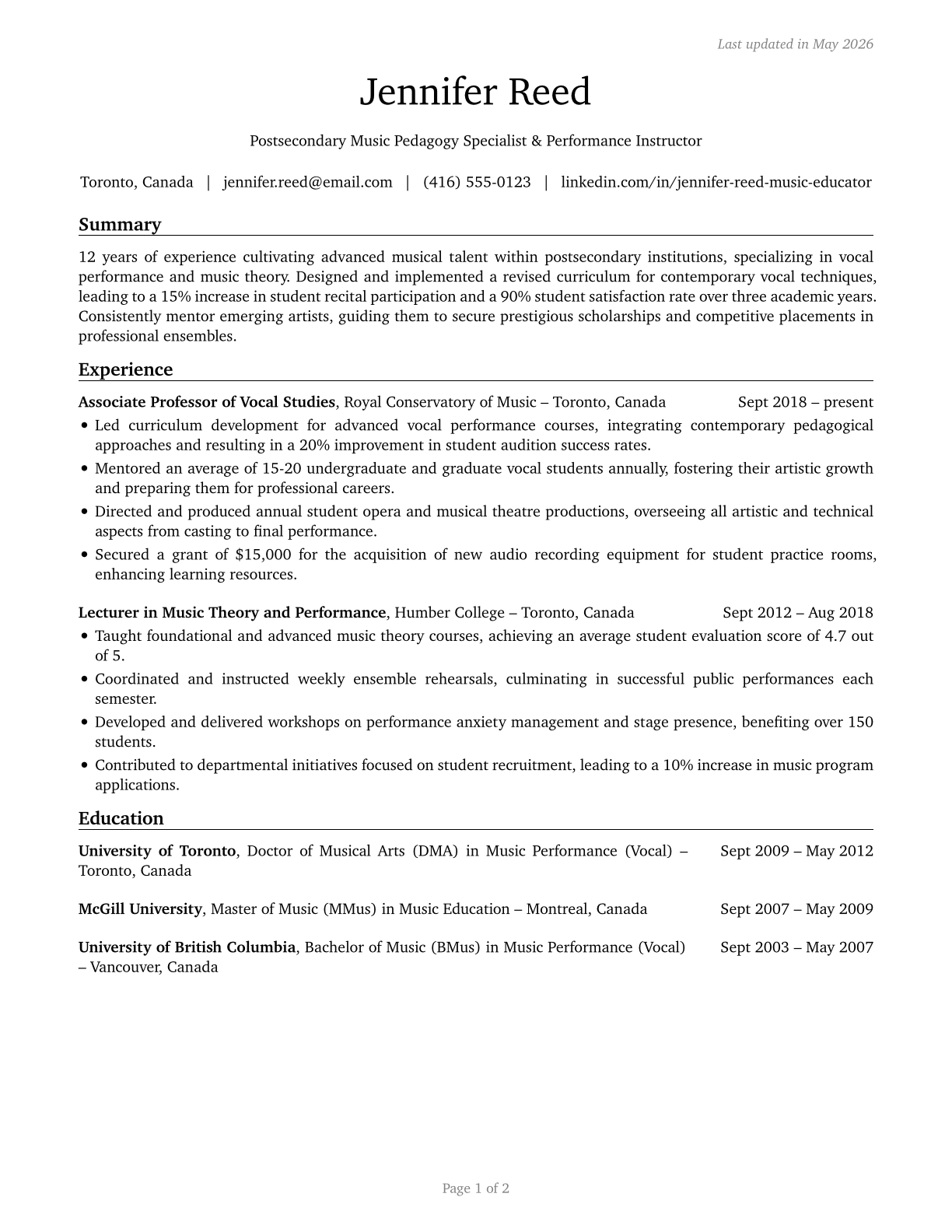 Art, Drama, and Music Teachers, Postsecondary CV in English — page 1