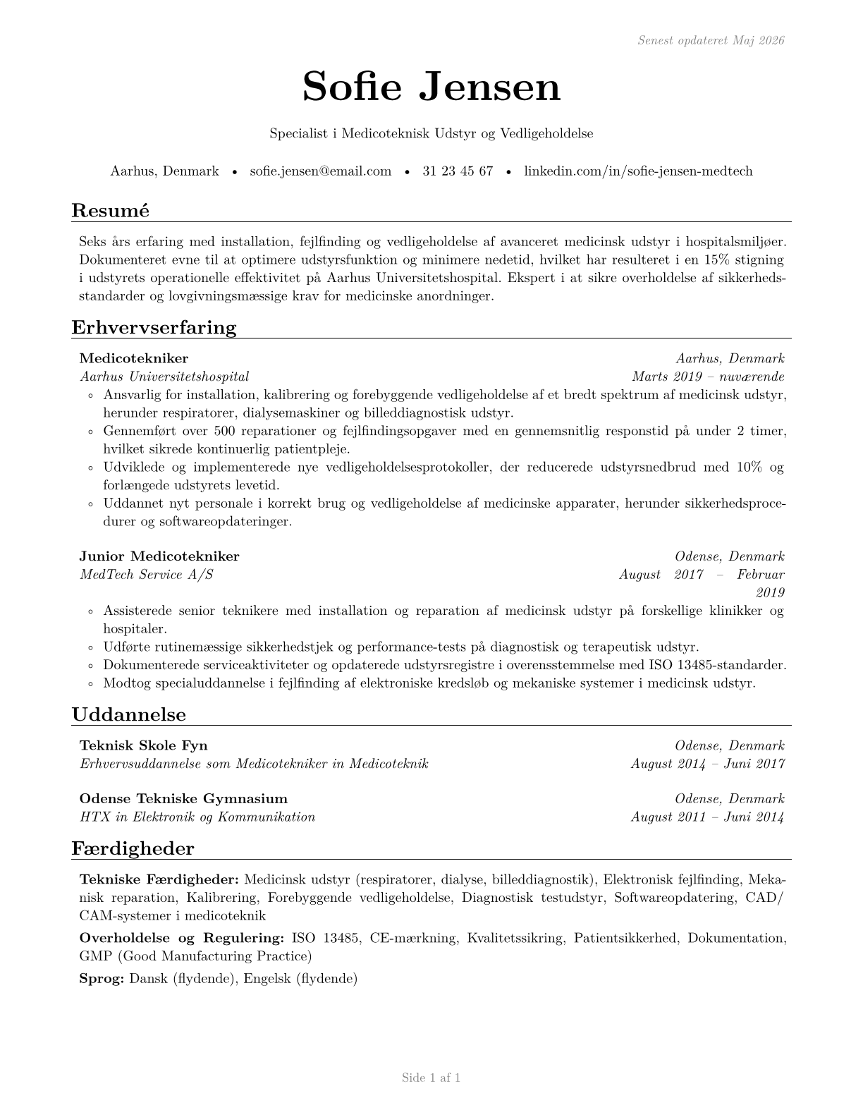 Medical Appliance Technicians CV in Danish — page 1
