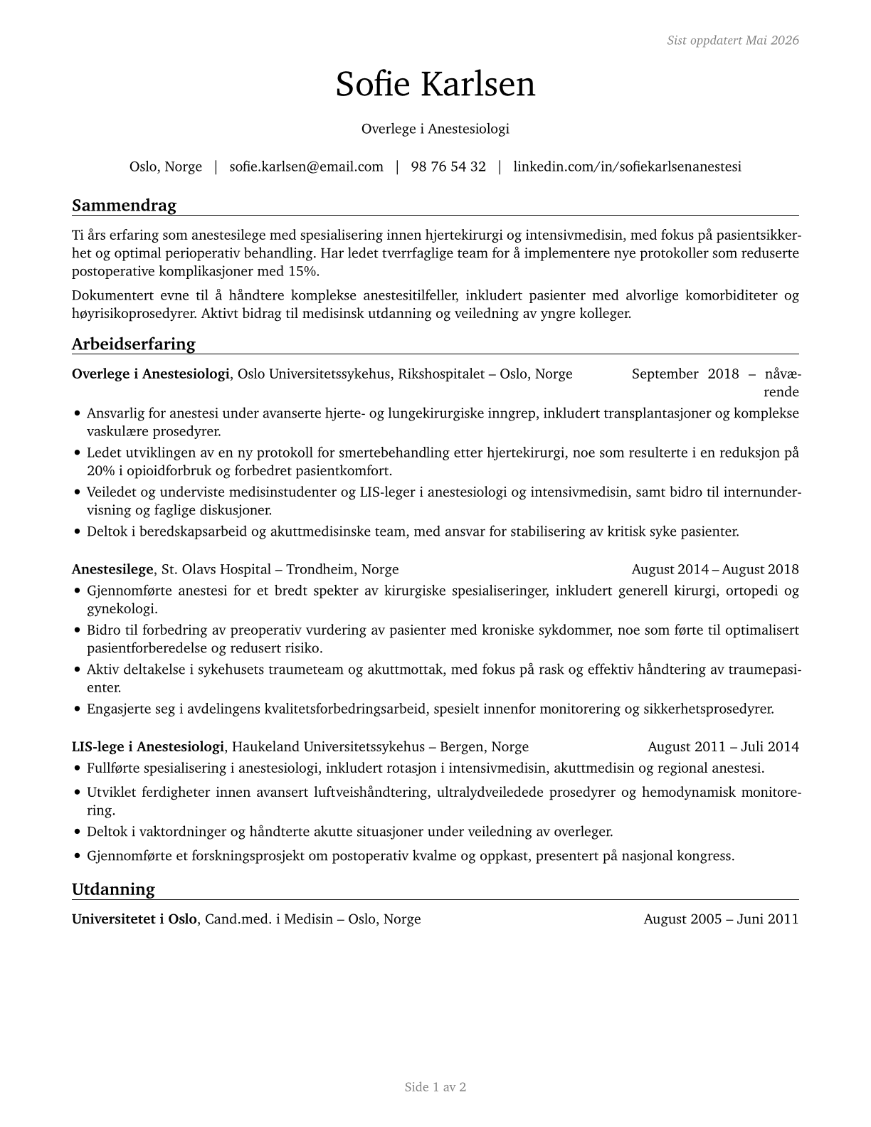 Anesthesiologists CV in Norwegian_bokmal — page 1