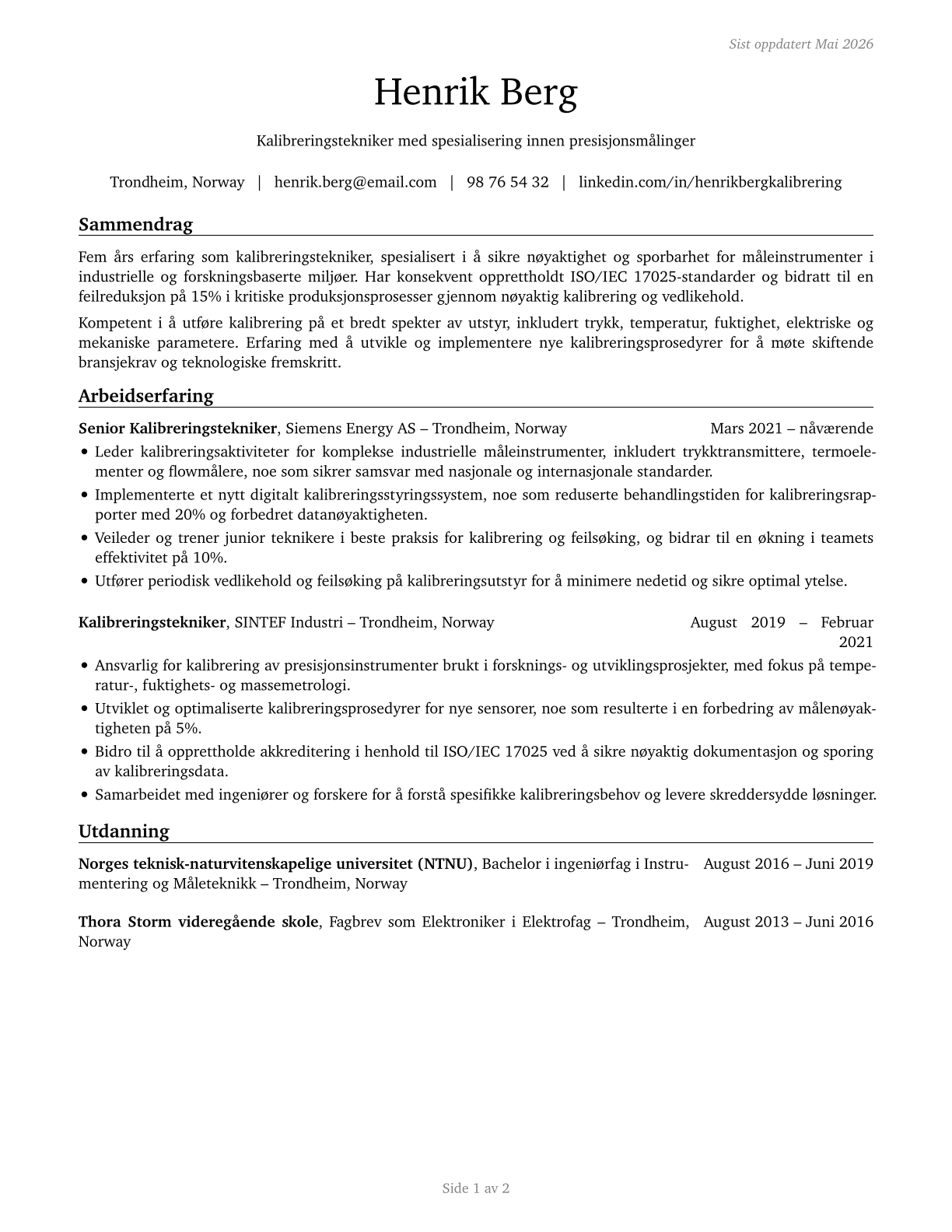 Calibration Technologists and Technicians CV in Norwegian_bokmal — page 1
