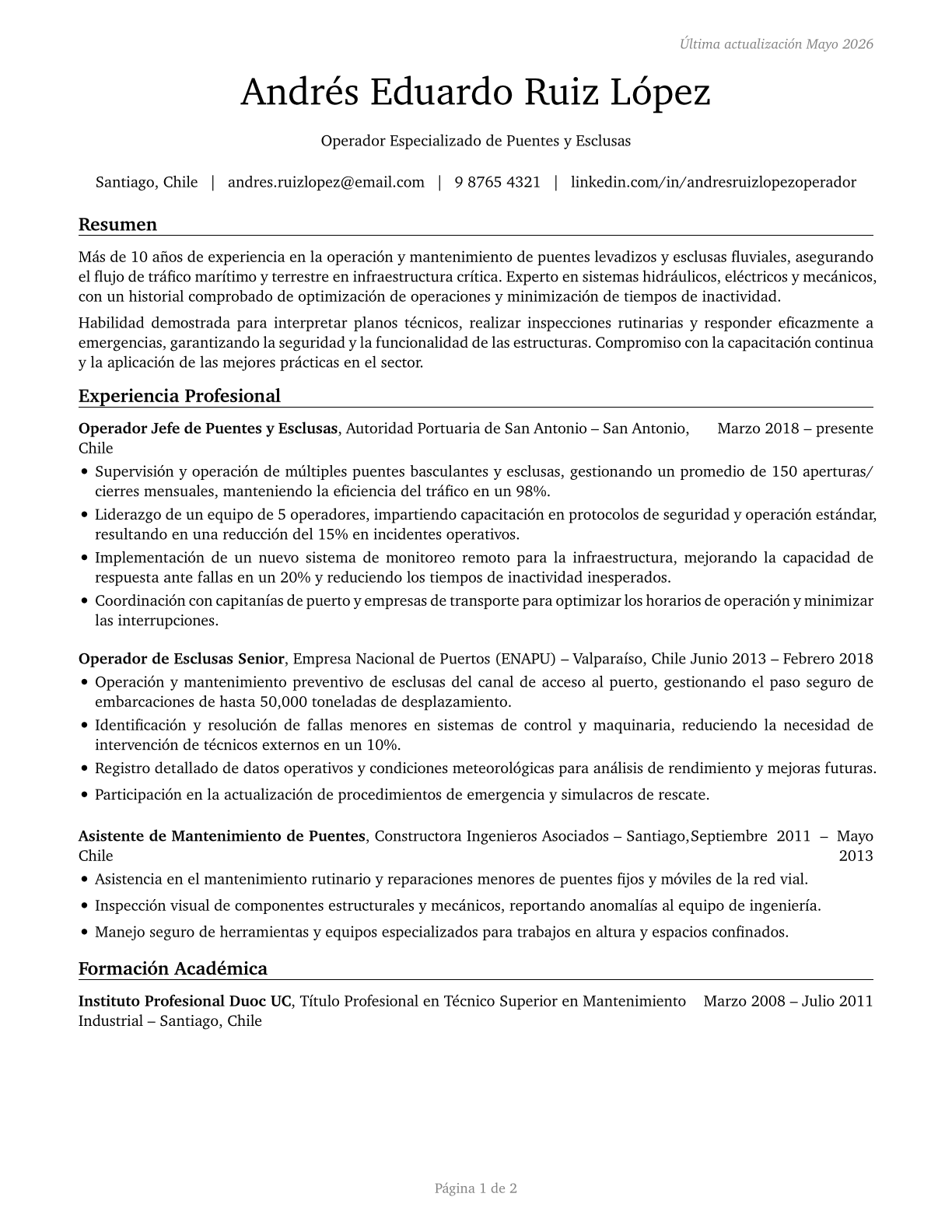 Bridge and Lock Tenders CV in Spanish — page 1