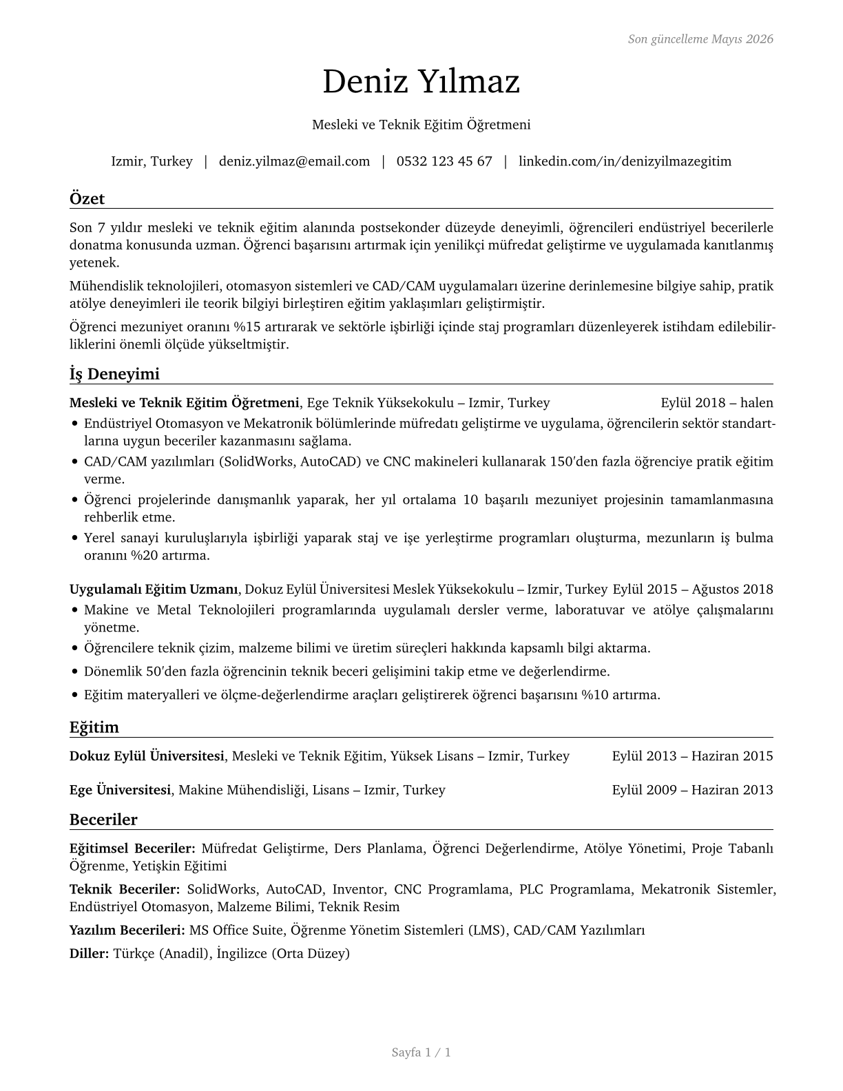 Career/Technical Education Teachers, Postsecondary CV in Turkish — page 1