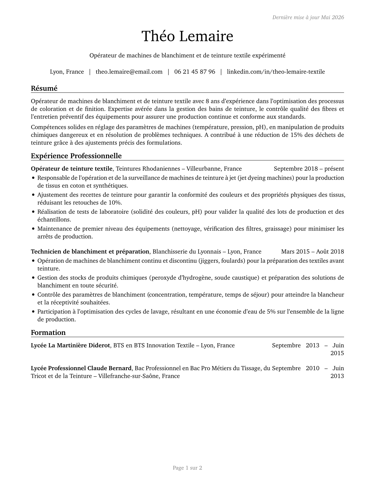 Textile Bleaching and Dyeing Machine Operators and Tenders CV in French — page 1