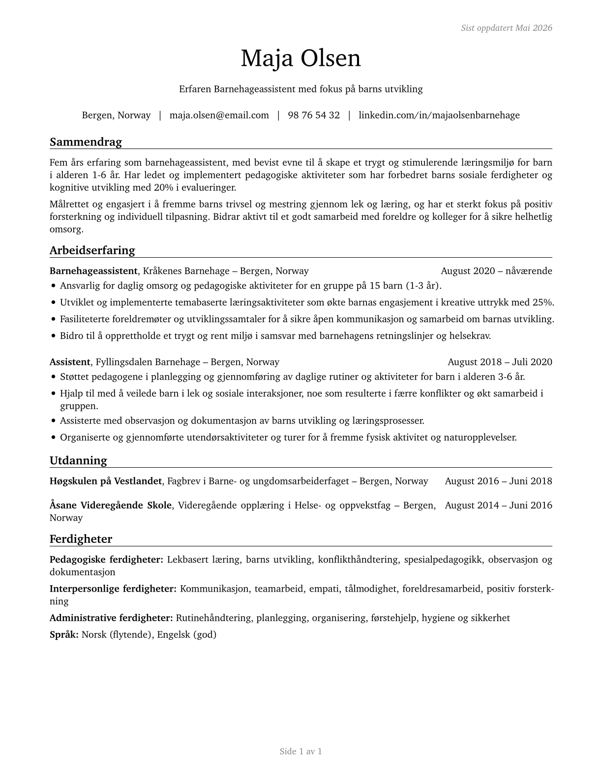 Childcare Workers CV in Norwegian_bokmal — page 1