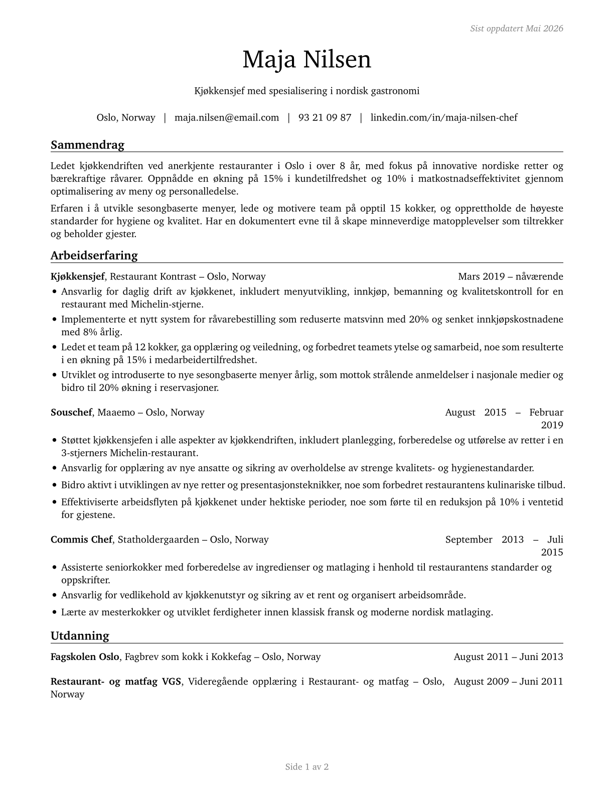 Chefs and Head Cooks CV in Norwegian_bokmal — page 1