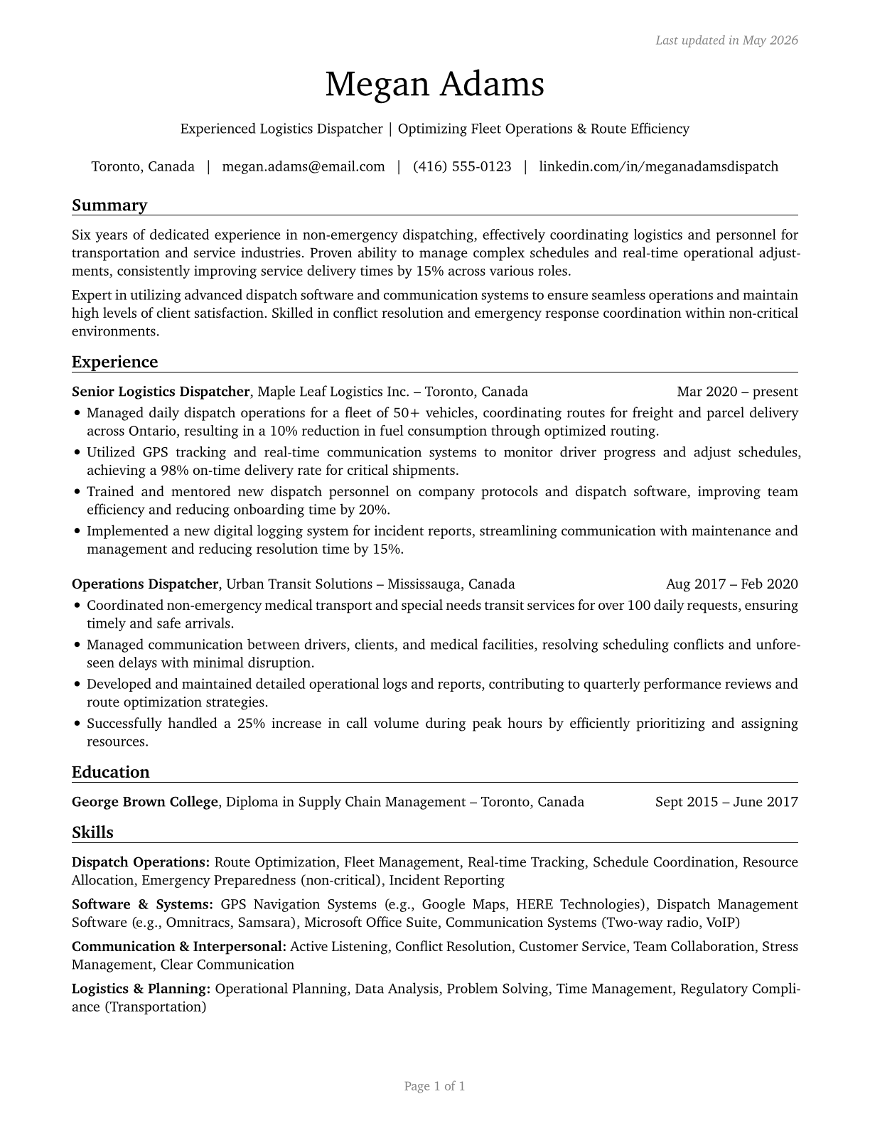 Dispatchers, Except Police, Fire, and Ambulance CV in English — page 1
