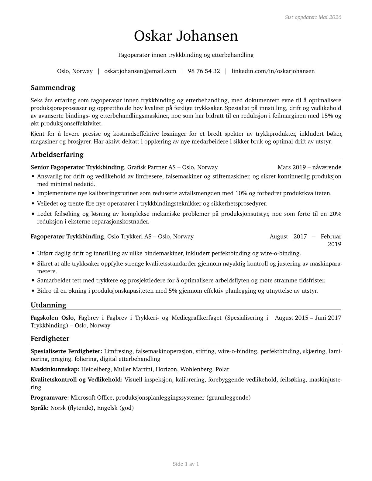 Print Binding and Finishing Workers CV in Norwegian_bokmal — page 1