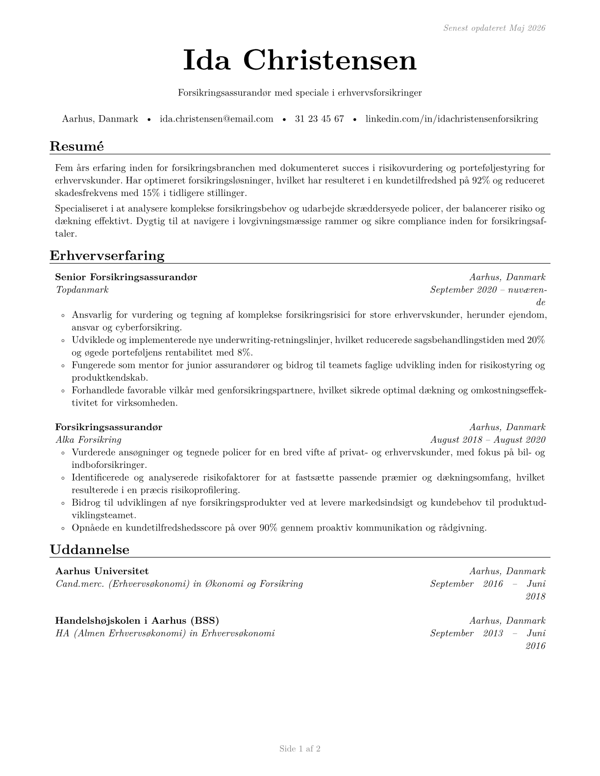 Insurance Underwriters CV in Danish — page 1