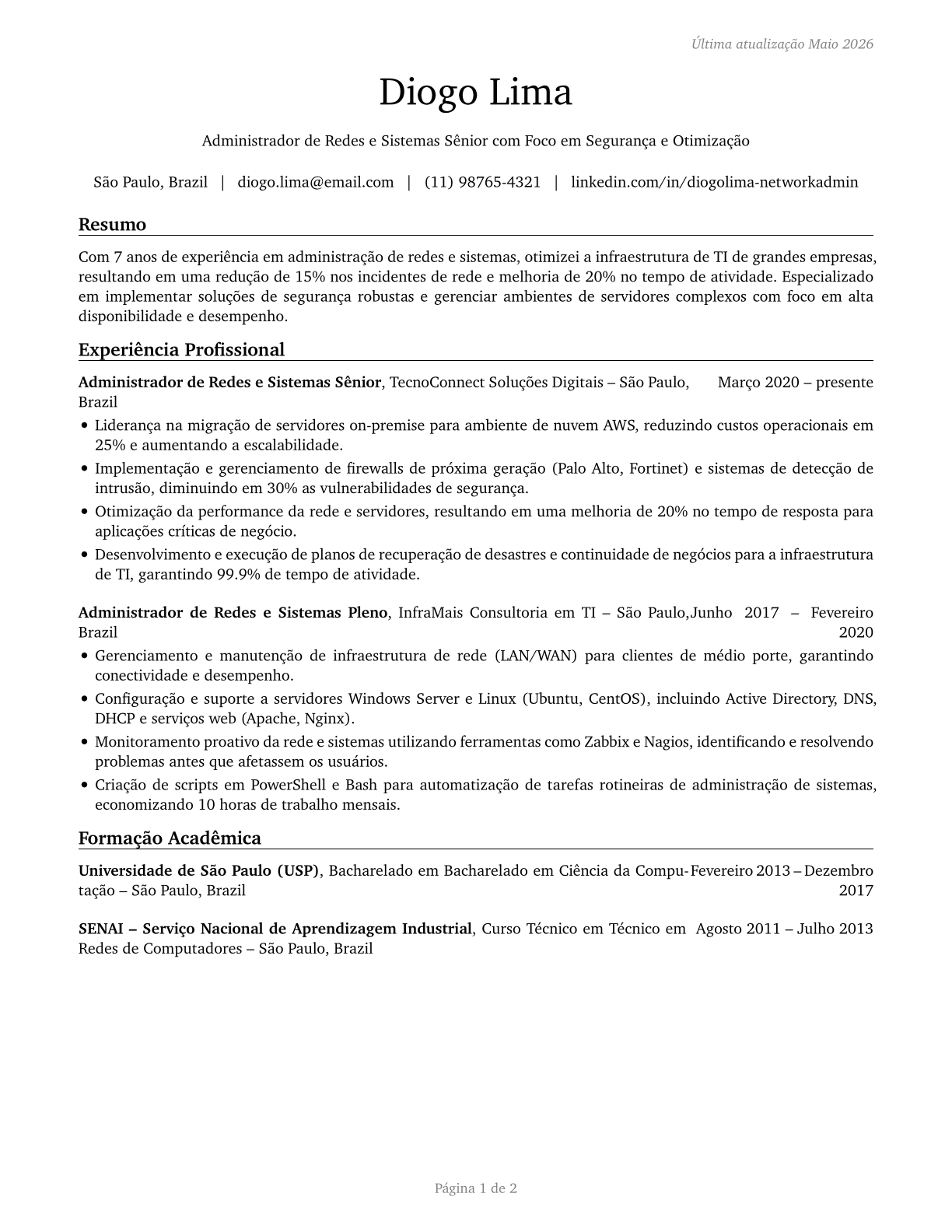 Network and Computer Systems Administrators CV in Portuguese — page 1