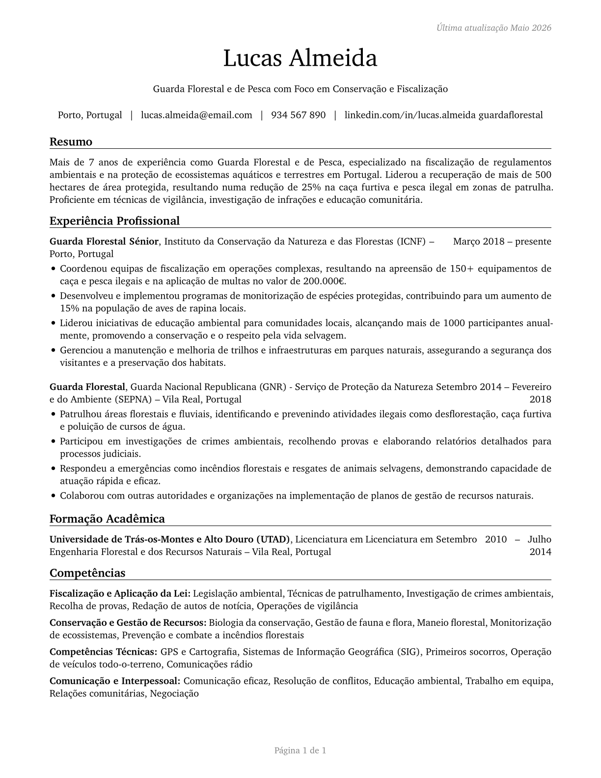 Fish and Game Wardens CV in Portuguese — page 1