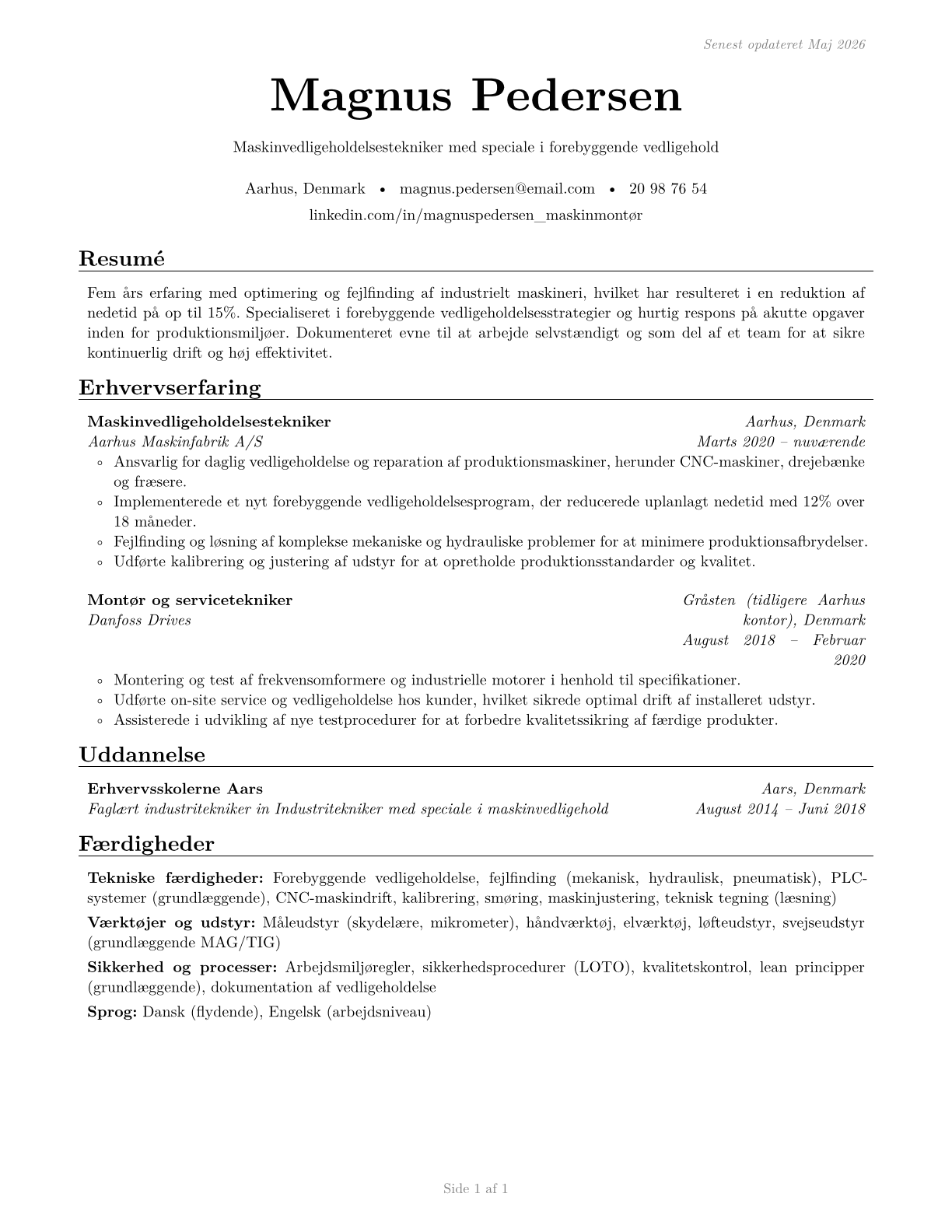 Maintenance Workers, Machinery CV in Danish — page 1