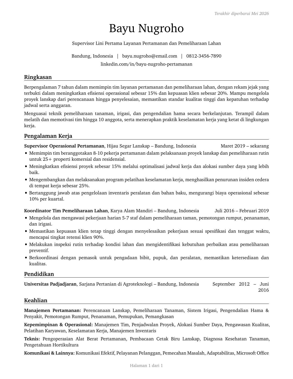 First-Line Supervisors of Landscaping, Lawn Service, and Groundskeeping Workers CV in Indonesian — page 1