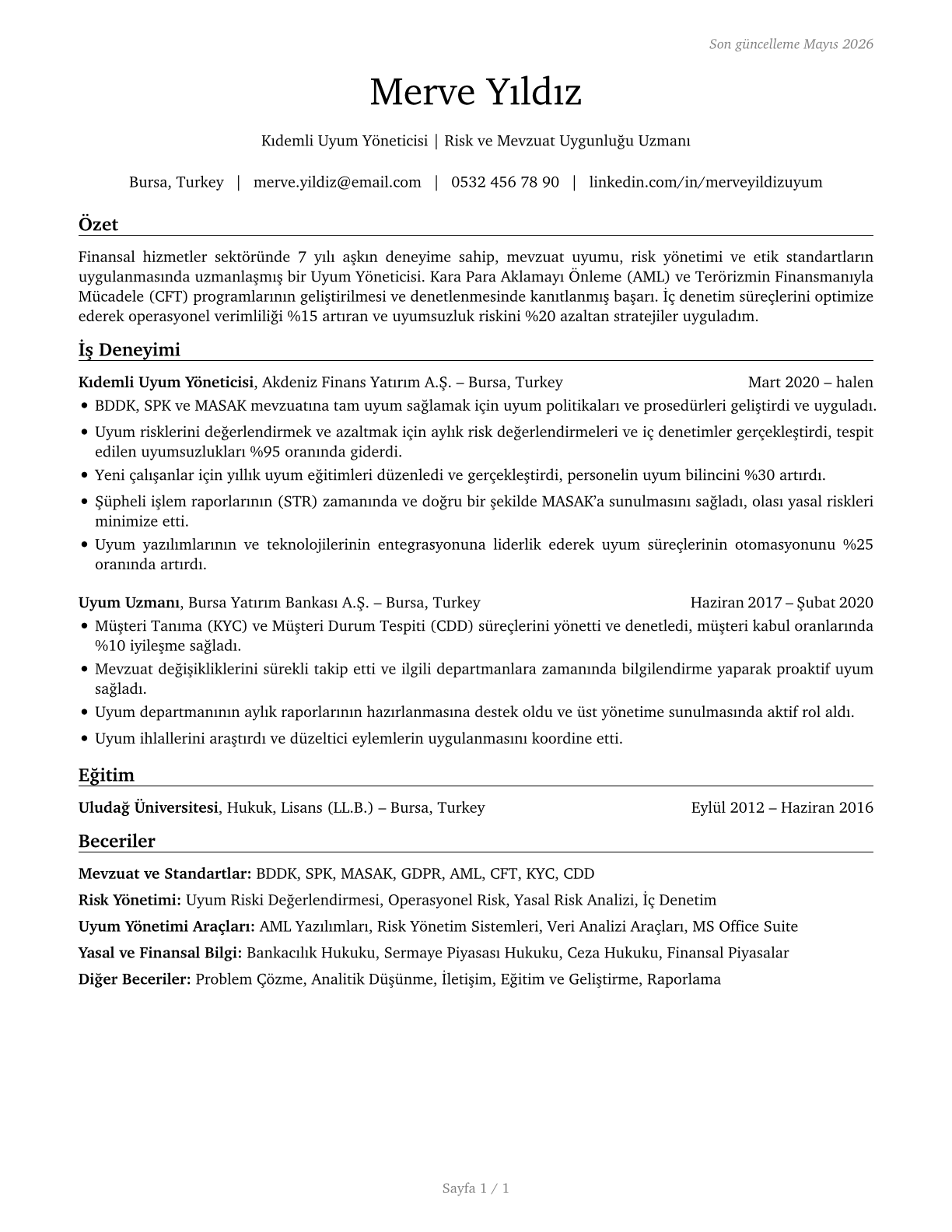 Compliance Officers CV in Turkish — page 1