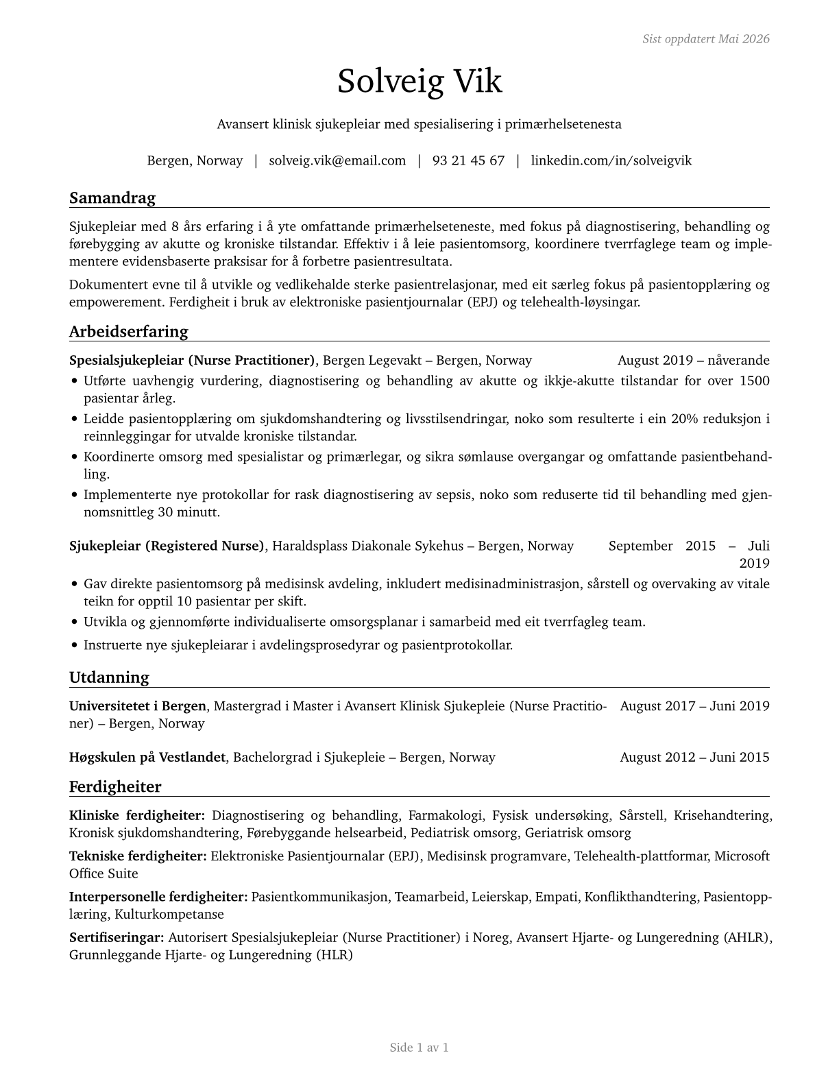 Nurse Practitioners CV in Norwegian_nynorsk — page 1