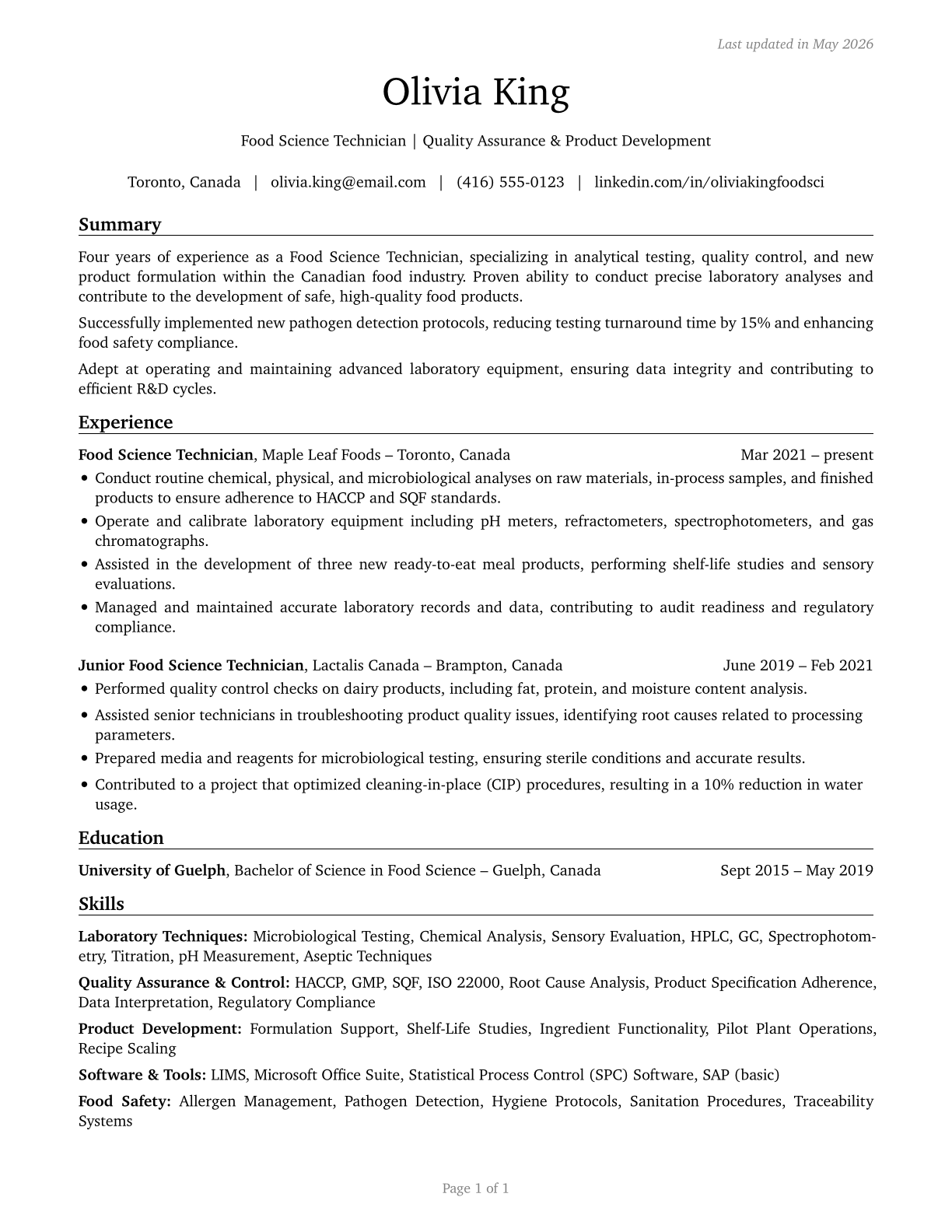 Food Science Technicians CV in English — page 1