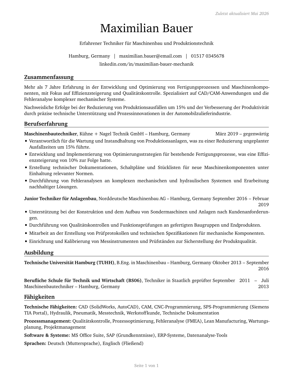 Mechanical Engineering Technologists and Technicians CV in German — page 1
