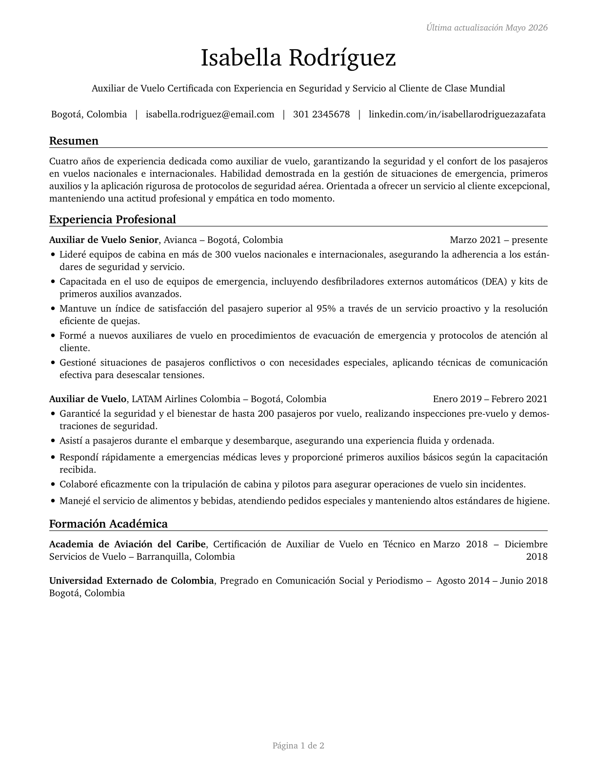 Flight Attendants CV in Spanish — page 1