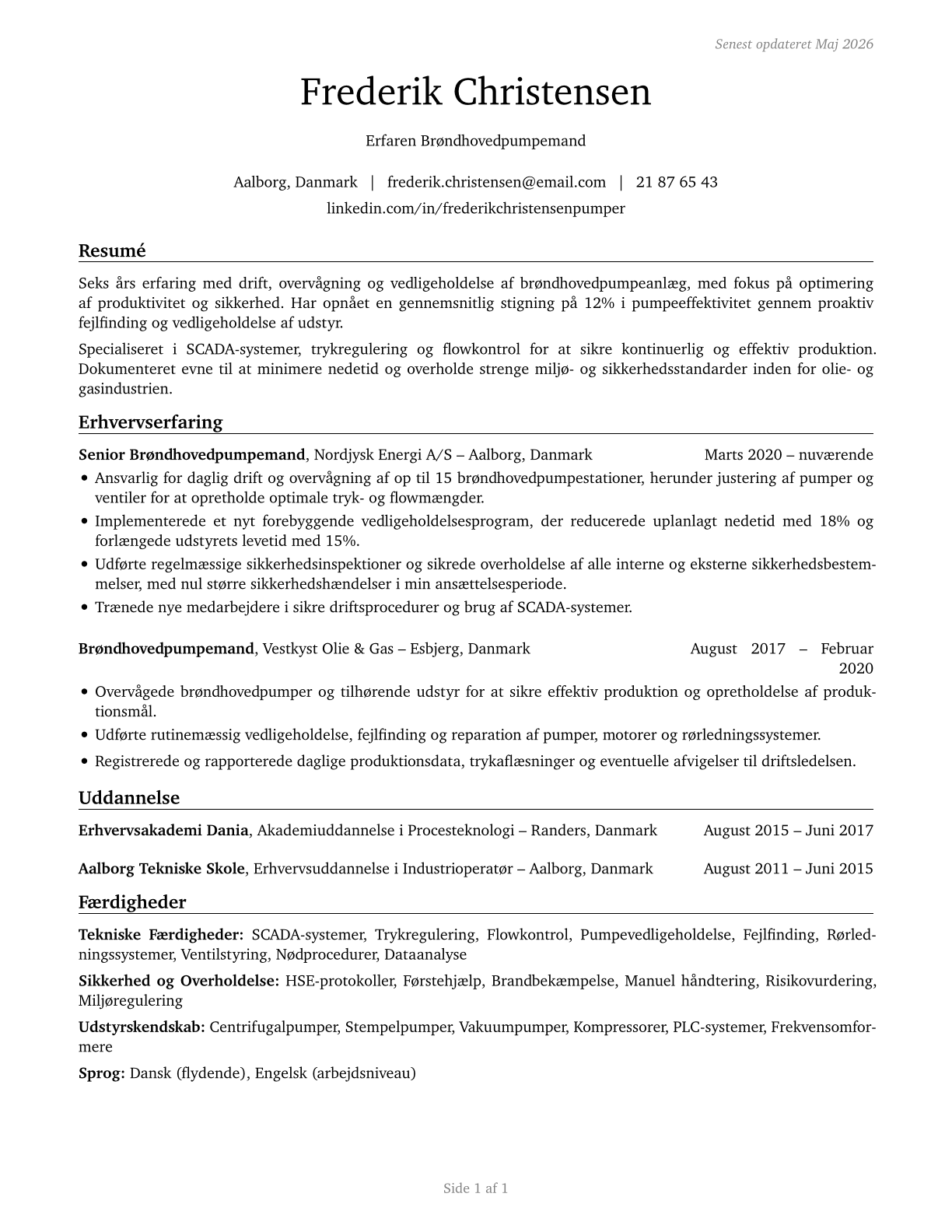 Wellhead Pumpers CV in Danish — page 1