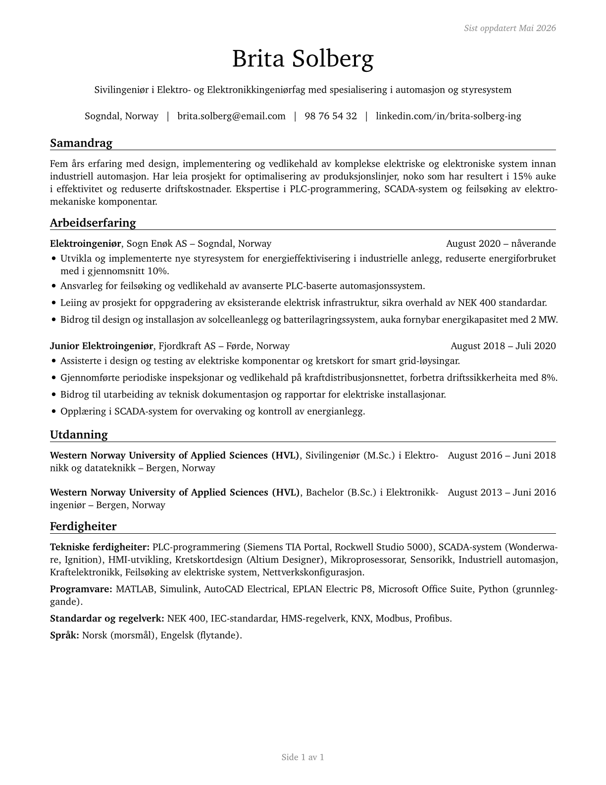 Electrical and Electronic Engineering Technologists and Technicians CV in Norwegian_nynorsk — page 1