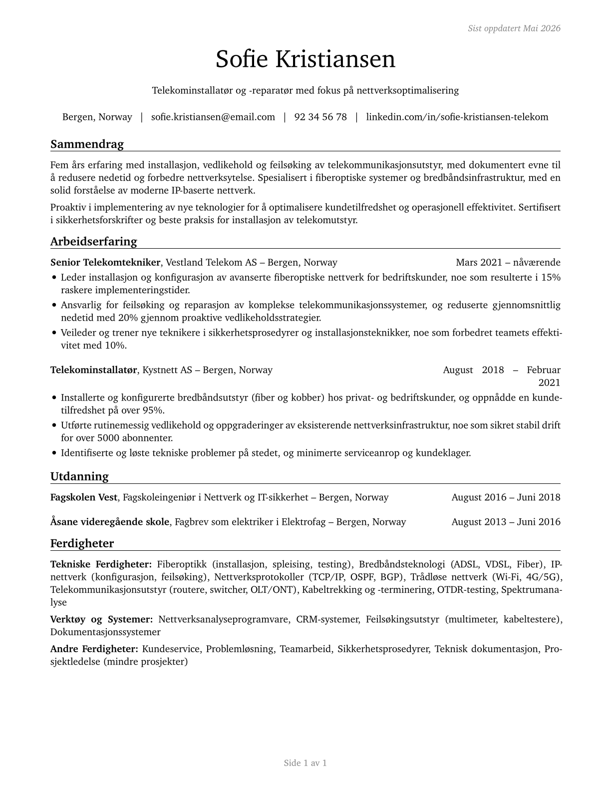 Telecommunications Equipment Installers and Repairers, Except Line Installers CV in Norwegian_bokmal — page 1