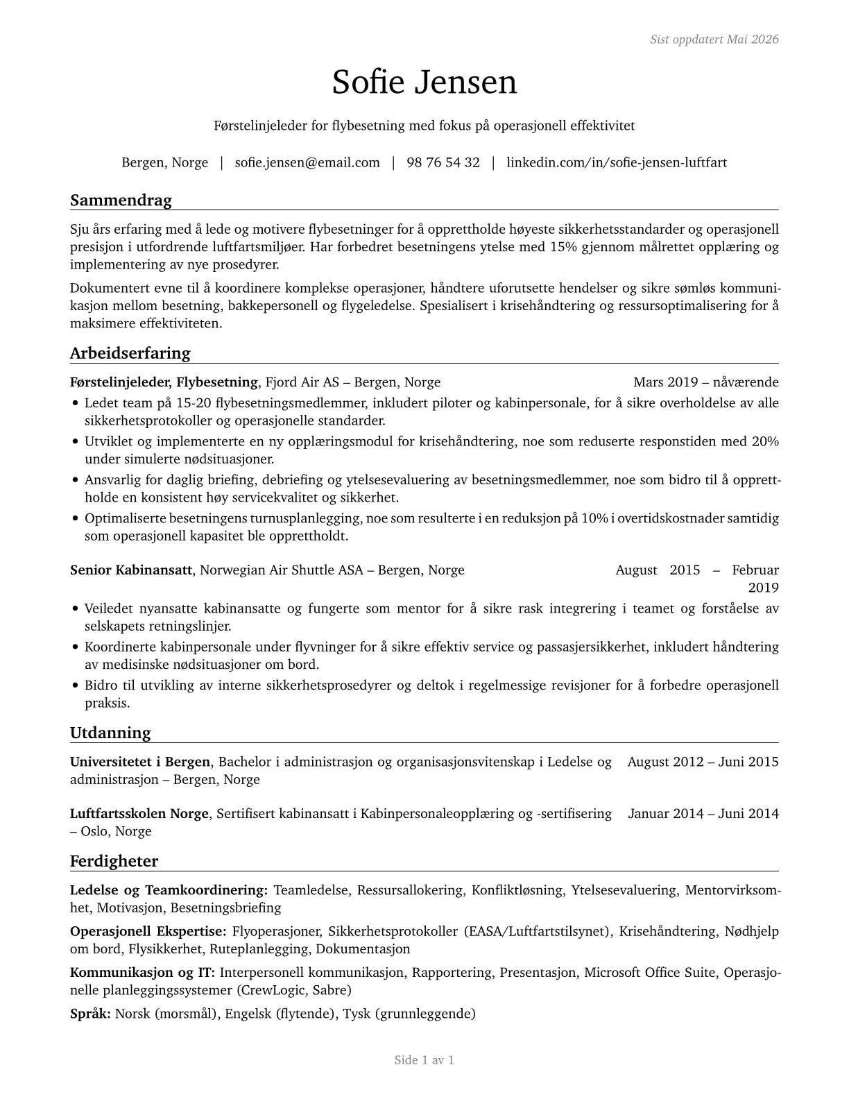 First-Line Supervisors of Air Crew Members CV in Norwegian_bokmal — page 1