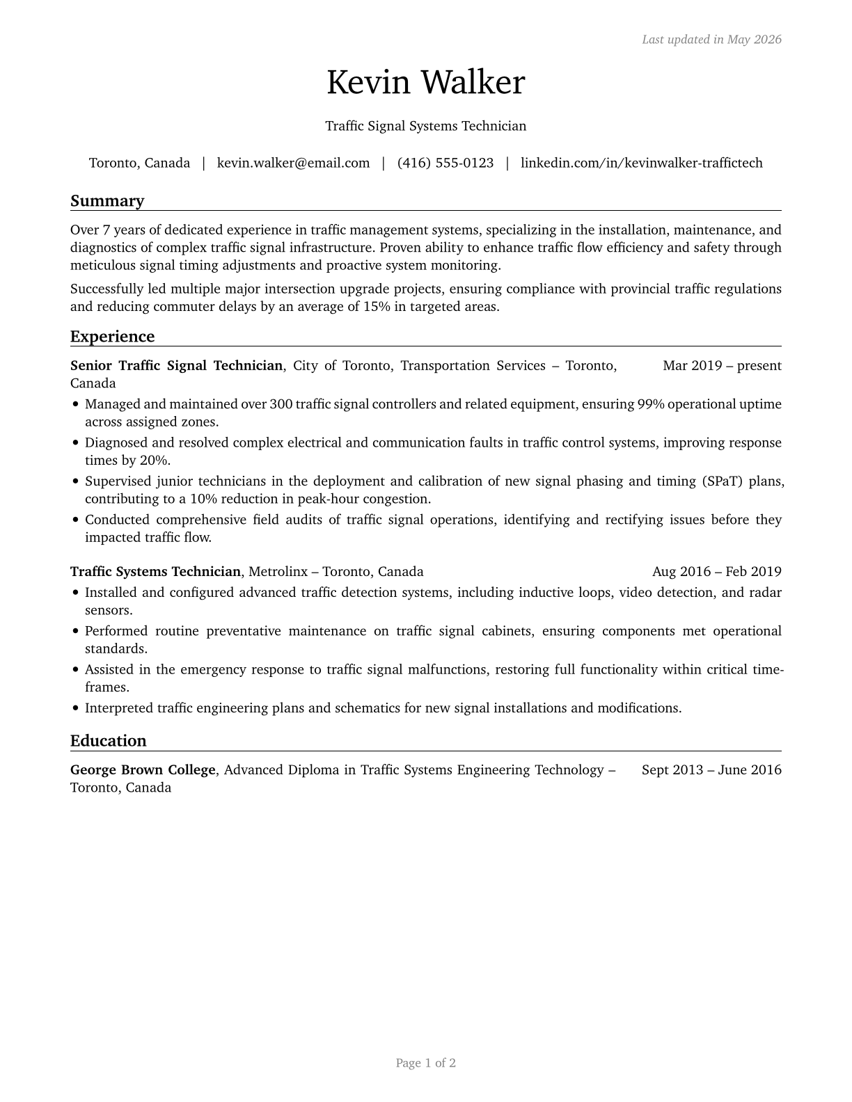 Traffic Technicians CV in English — page 1