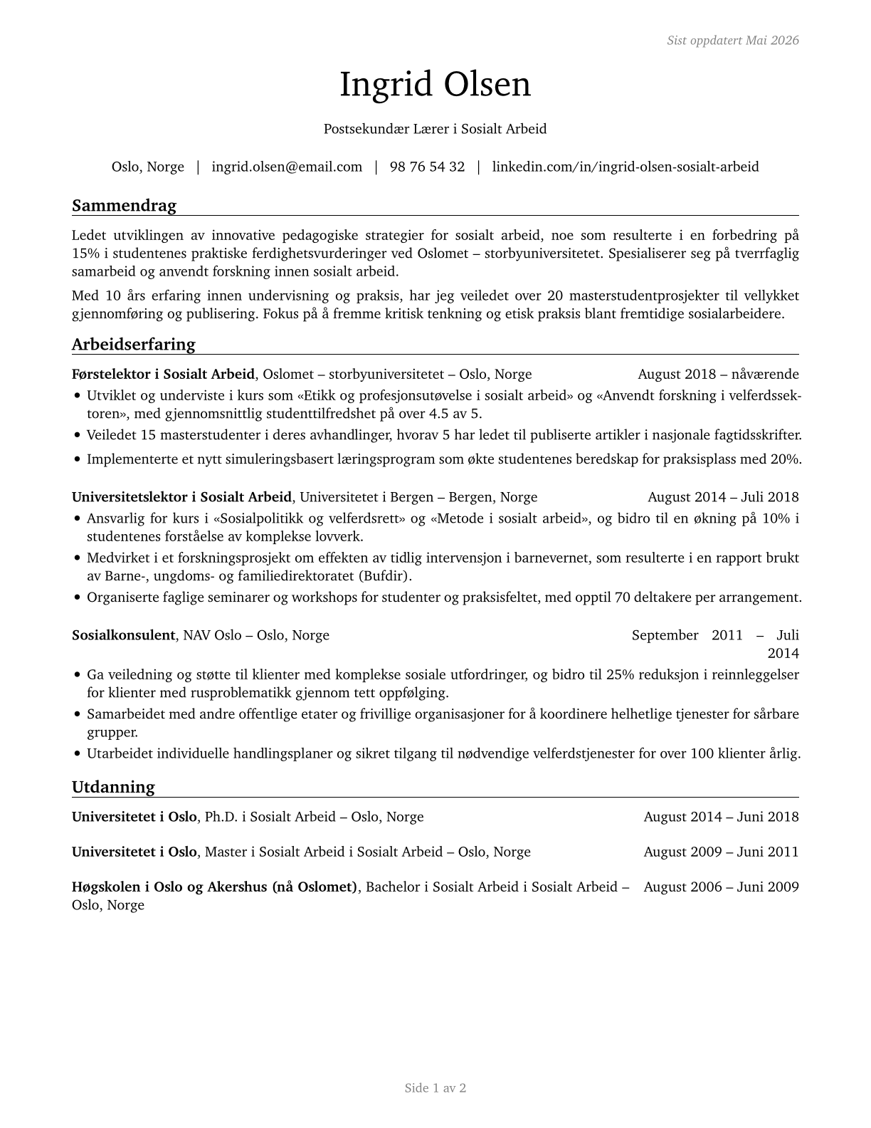 Social Work Teachers, Postsecondary CV in Norwegian_bokmal — page 1