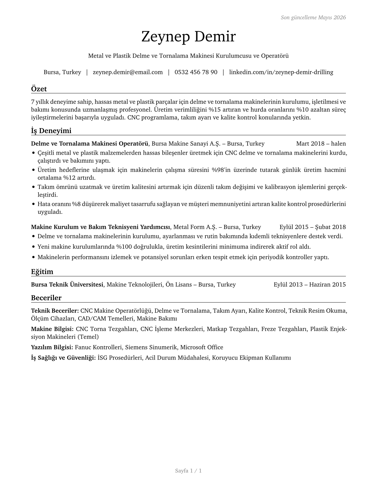 Drilling and Boring Machine Tool Setters, Operators, and Tenders, Metal and Plastic CV in Turkish — page 1