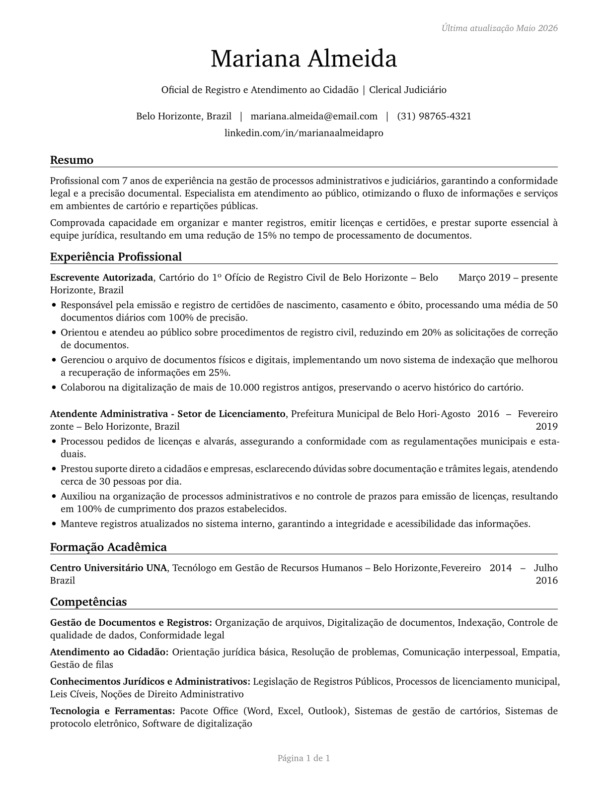 Court, Municipal, and License Clerks CV in Portuguese — page 1