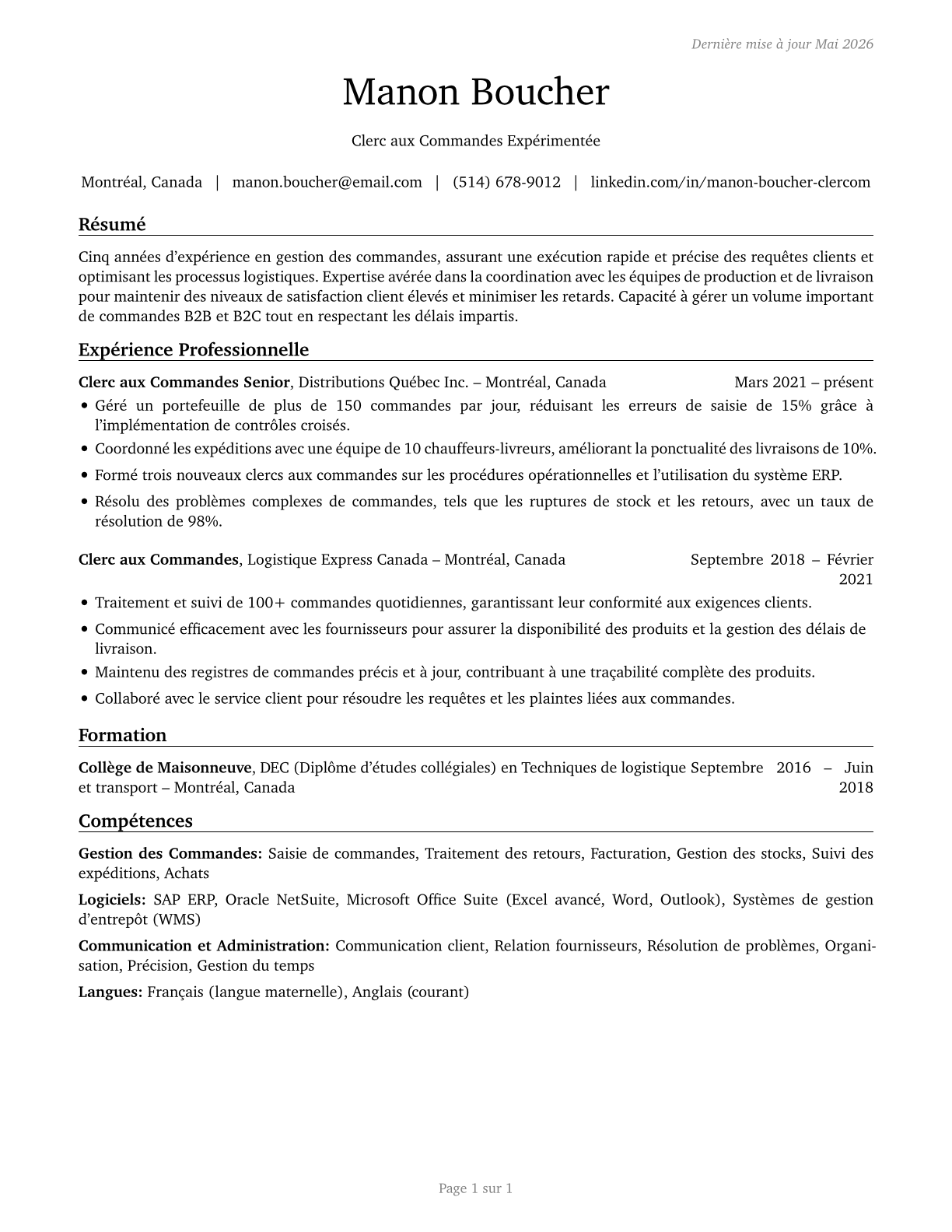 Order Clerks CV in French — page 1