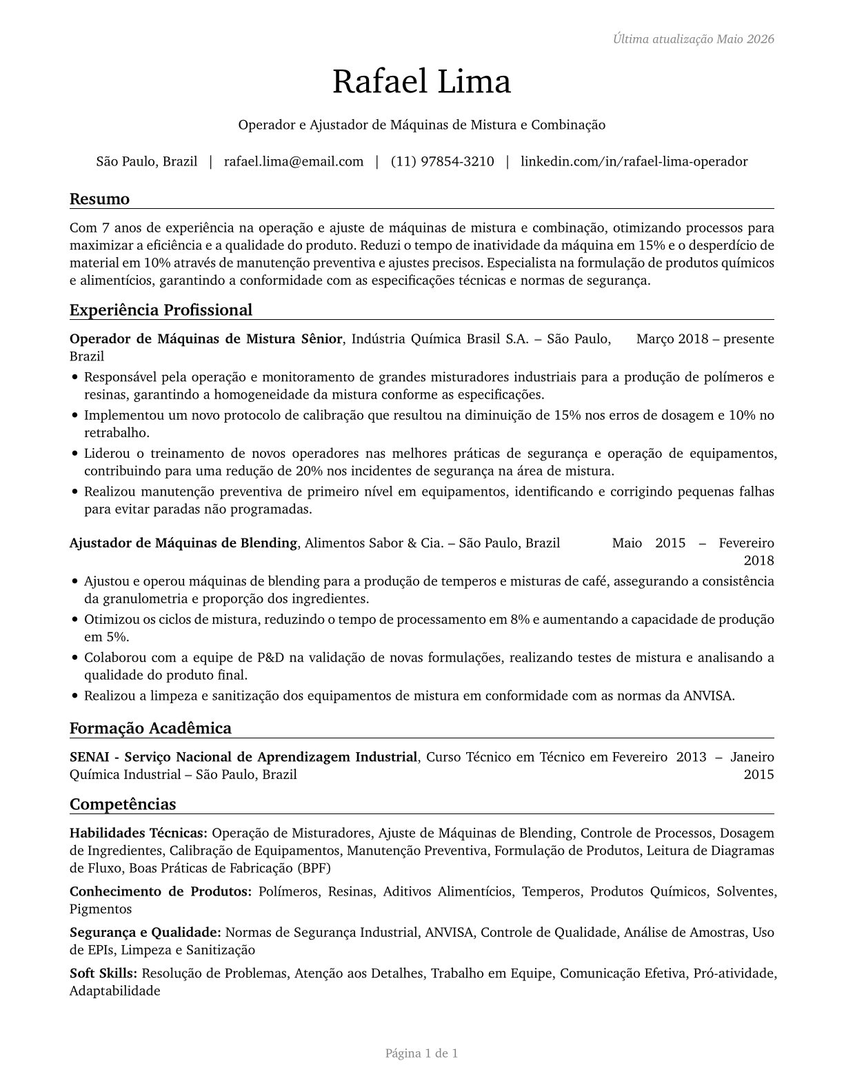 Mixing and Blending Machine Setters, Operators, and Tenders CV in Portuguese — page 1