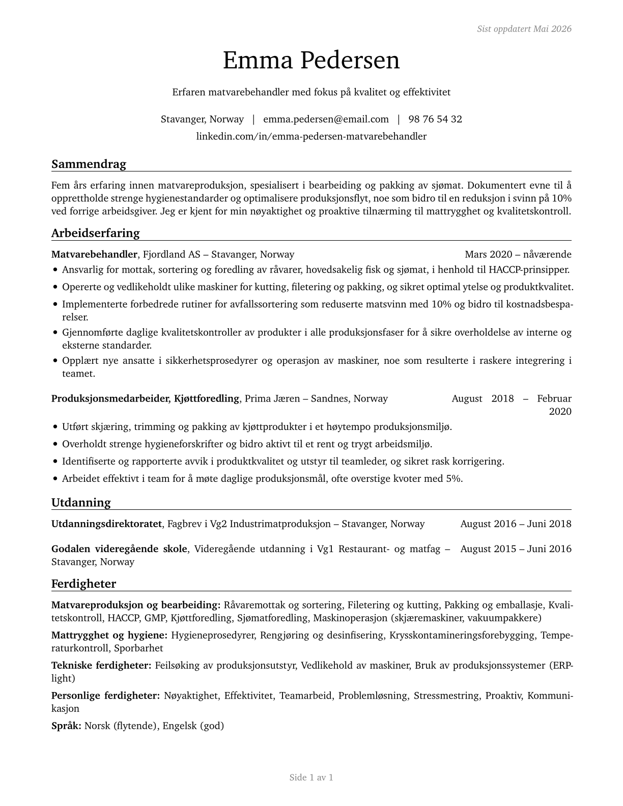 Food Processing Workers, All Other CV in Norwegian_bokmal — page 1