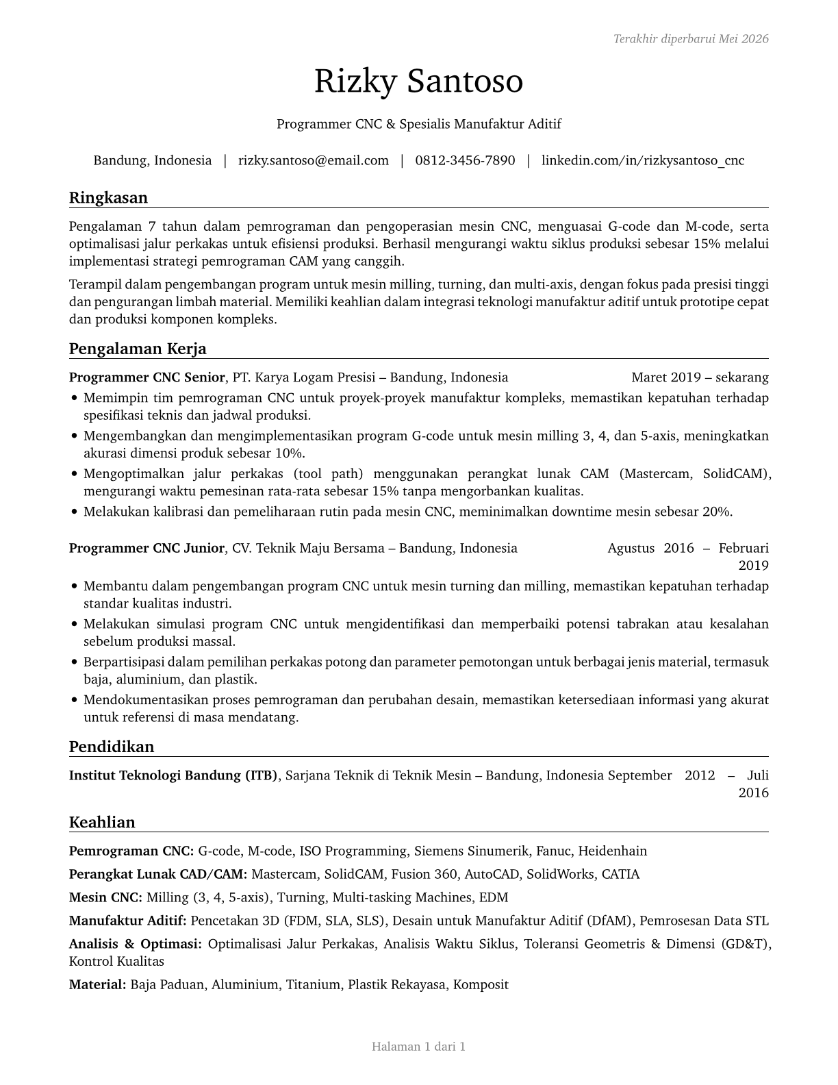 Computer Numerically Controlled Tool Programmers CV in Indonesian — page 1