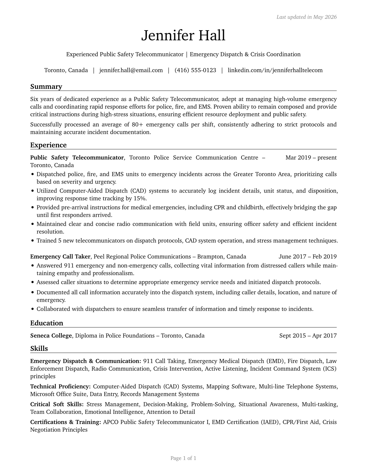 Public Safety Telecommunicators CV in English — page 1
