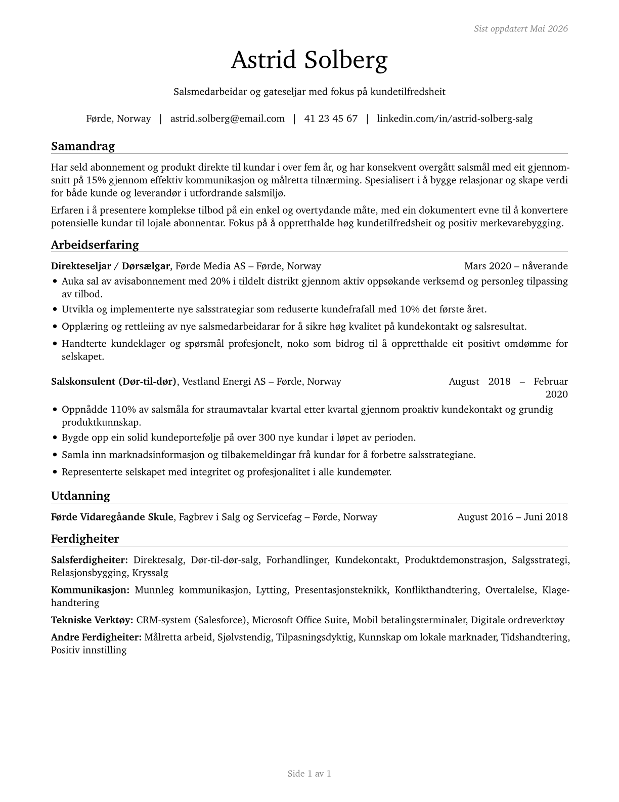 Door-to-Door Sales Workers, News and Street Vendors, and Related Workers CV in Norwegian_nynorsk — page 1