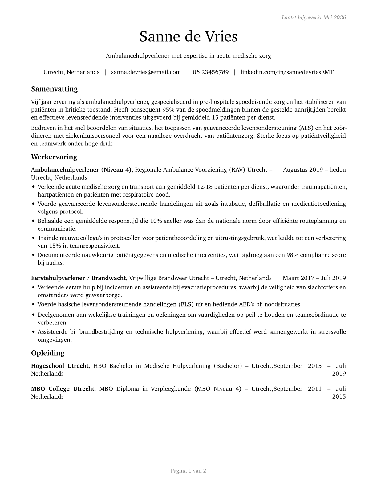 Emergency Medical Technicians CV in Dutch — page 1