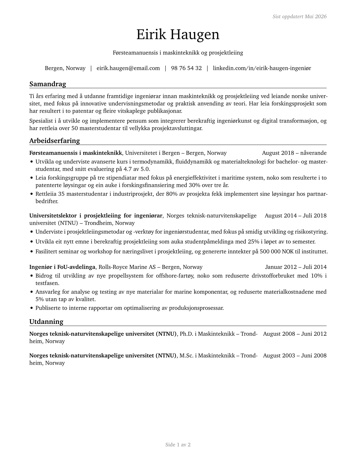 Engineering Teachers, Postsecondary CV in Norwegian_nynorsk — page 1