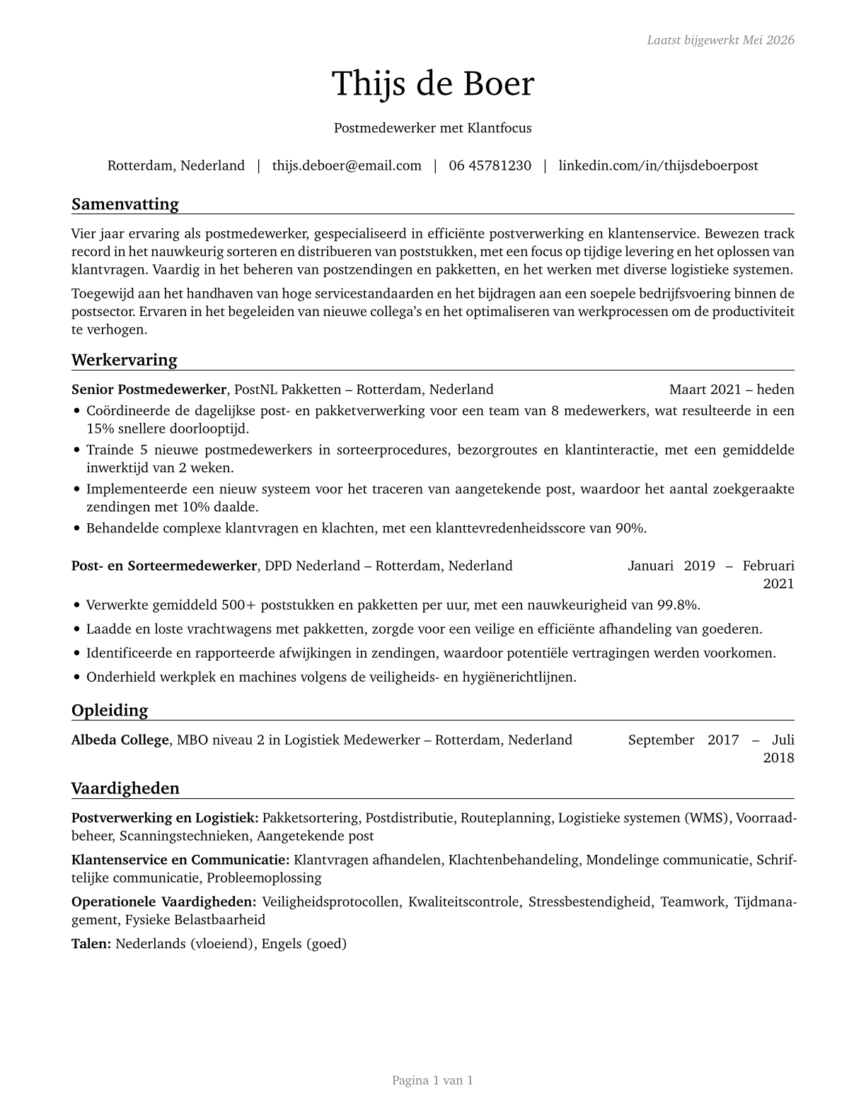 Postal Service Clerks CV in Dutch — page 1