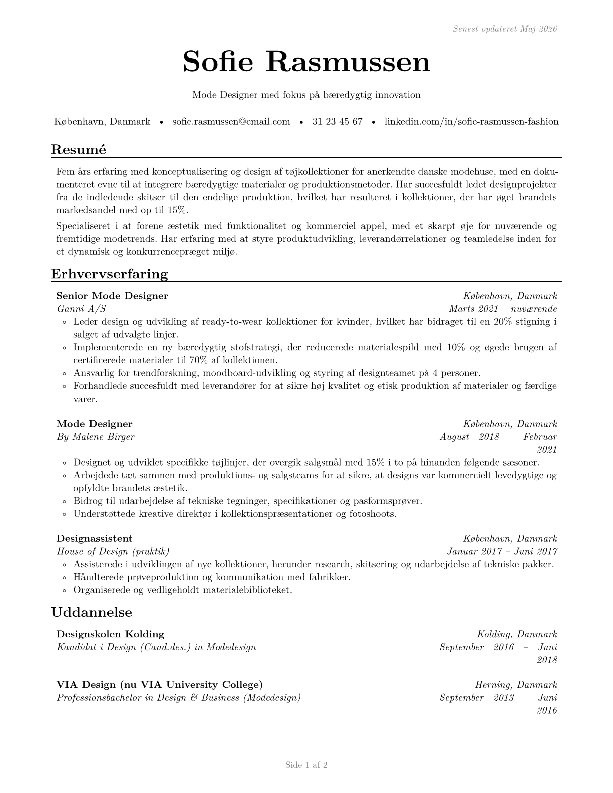 Fashion Designers CV in Danish — page 1