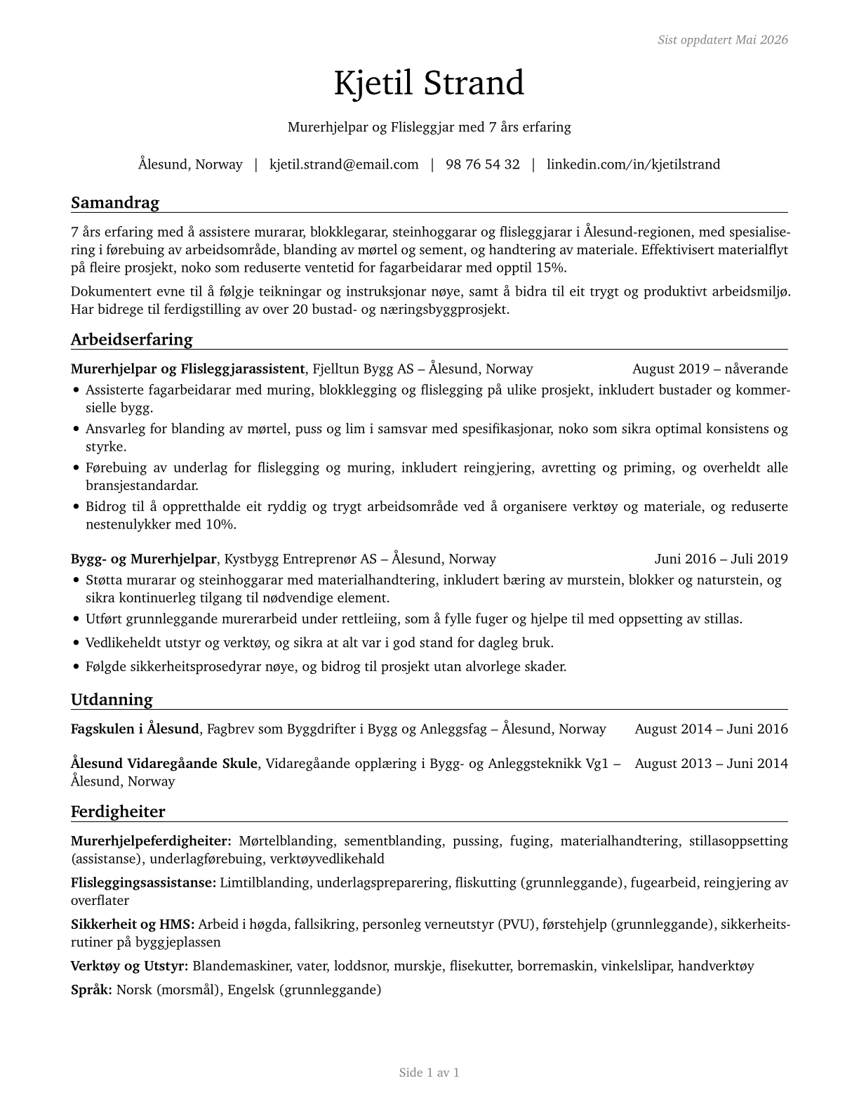 Helpers--Brickmasons, Blockmasons, Stonemasons, and Tile and Marble Setters CV in Norwegian_nynorsk — page 1