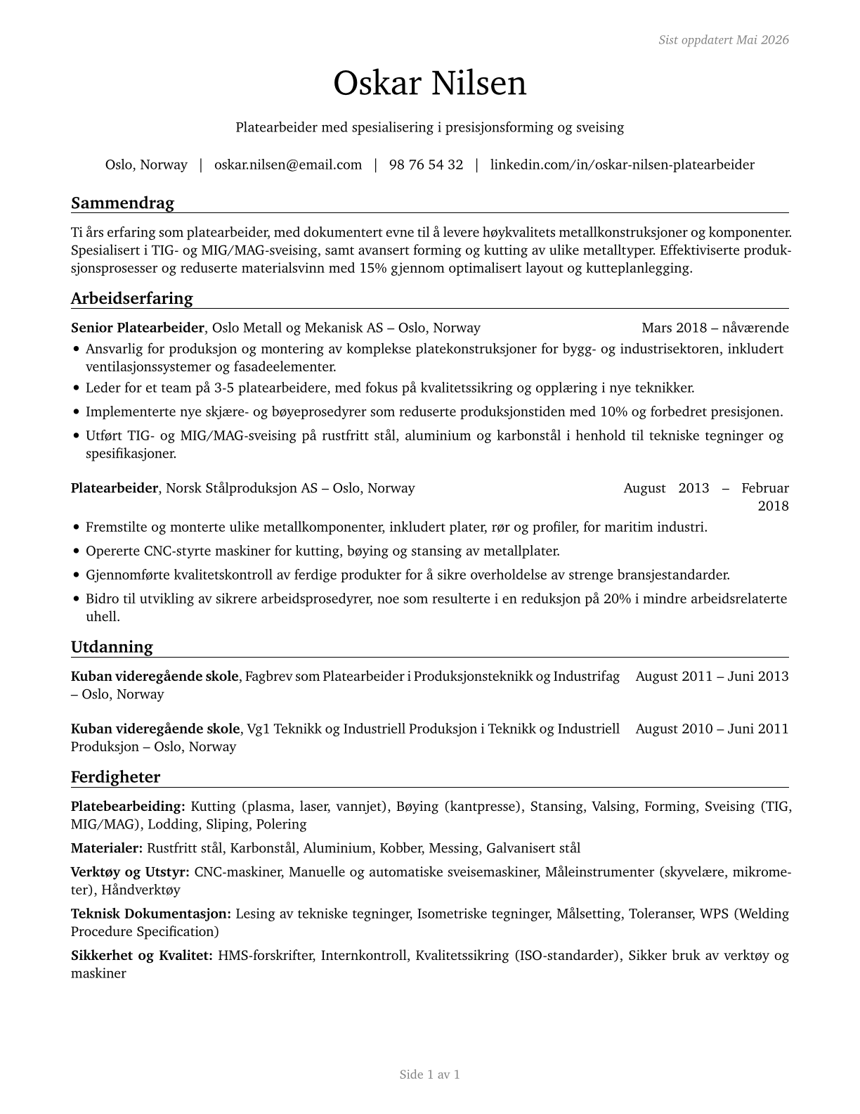 Sheet Metal Workers CV in Norwegian_bokmal — page 1
