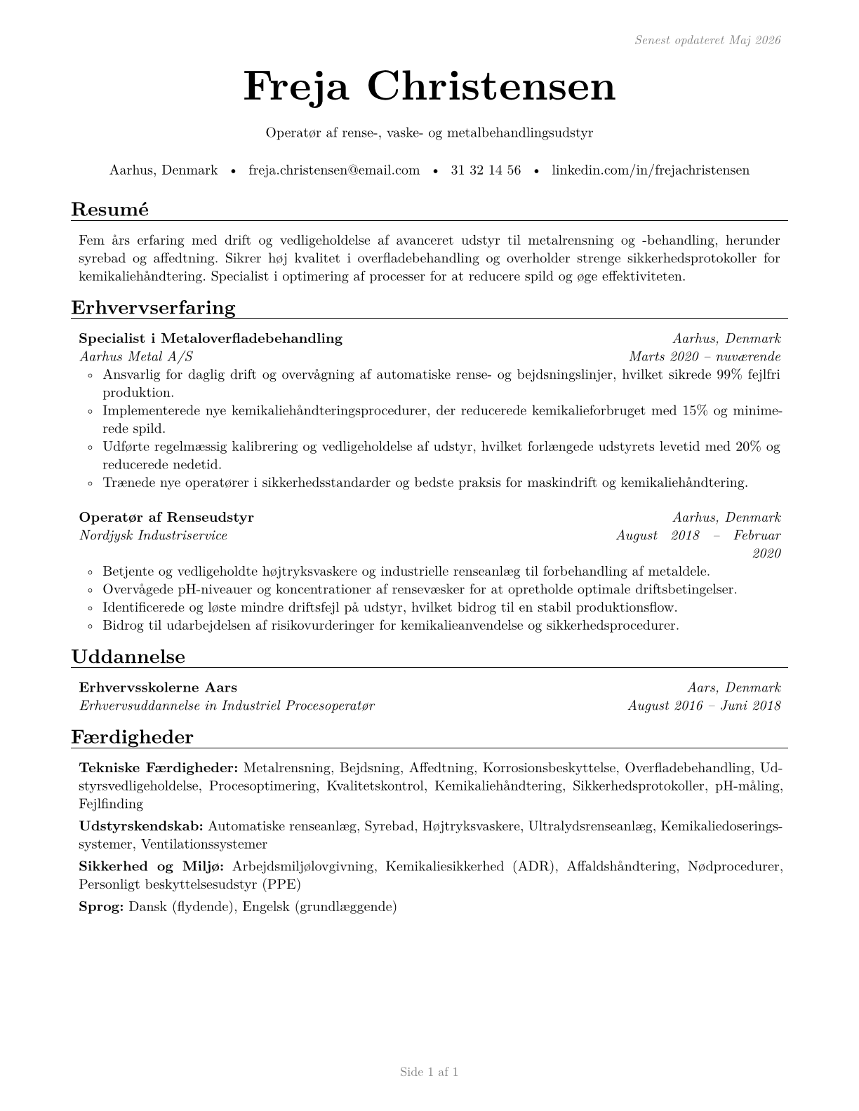 Cleaning, Washing, and Metal Pickling Equipment Operators and Tenders CV in Danish — page 1