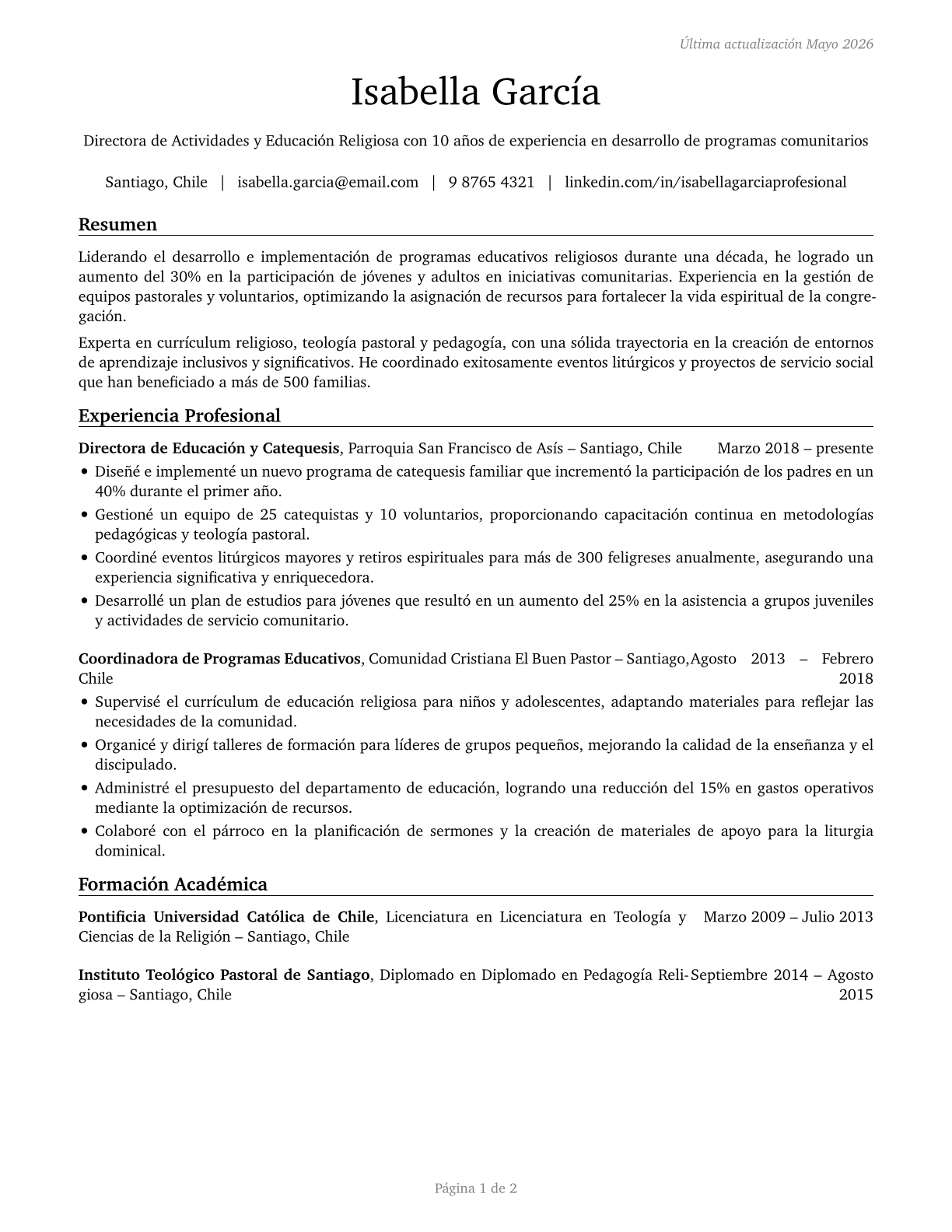 Directors, Religious Activities and Education CV in Spanish — page 1