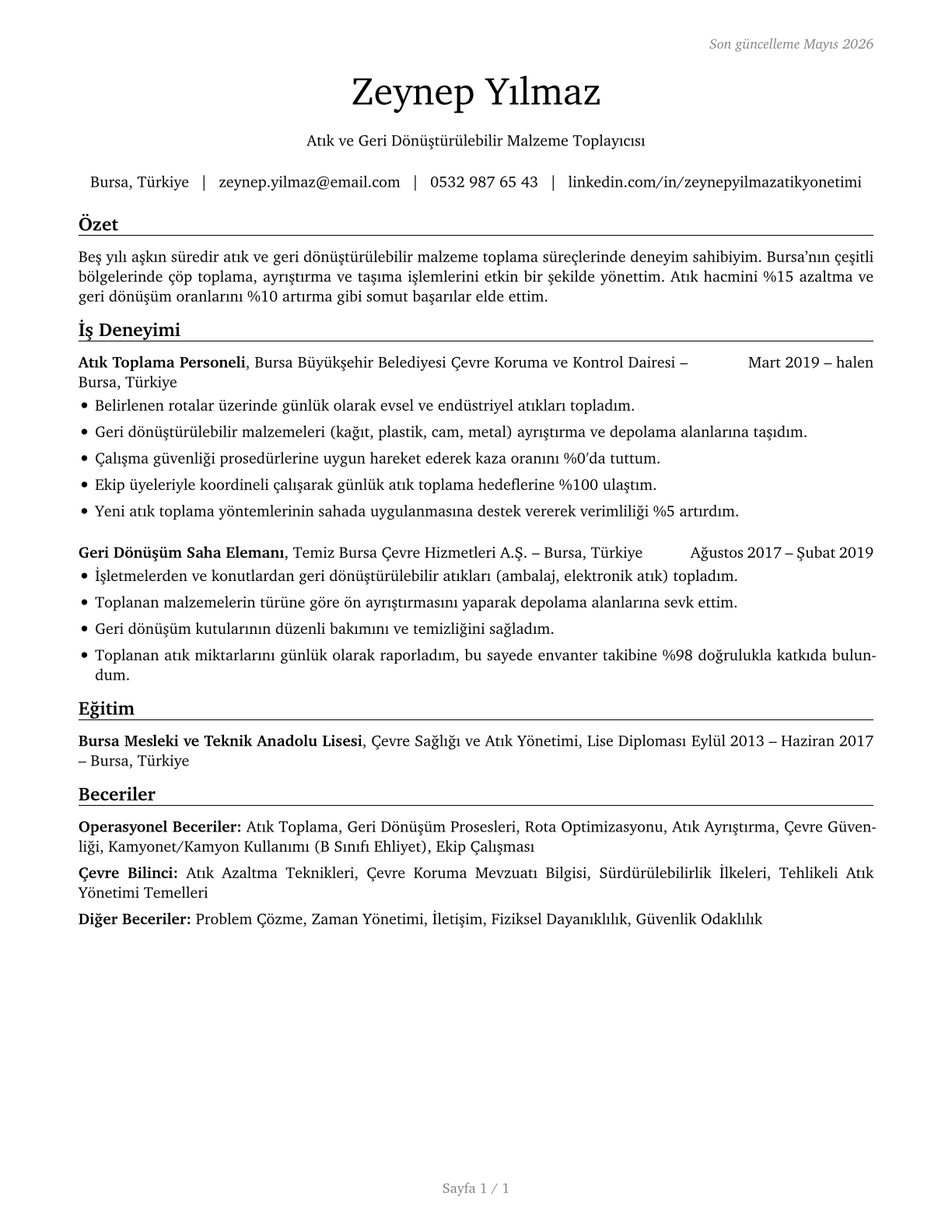 Refuse and Recyclable Material Collectors CV in Turkish — page 1