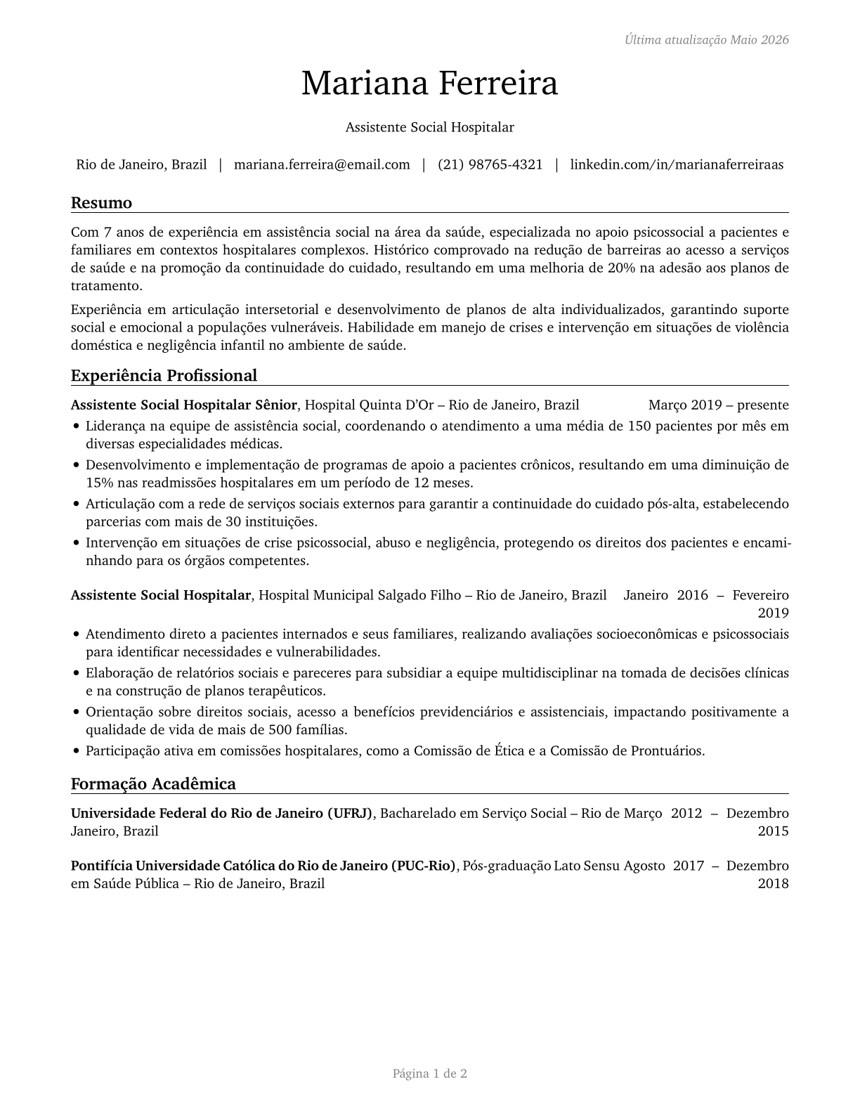 Healthcare Social Workers CV in Portuguese — page 1