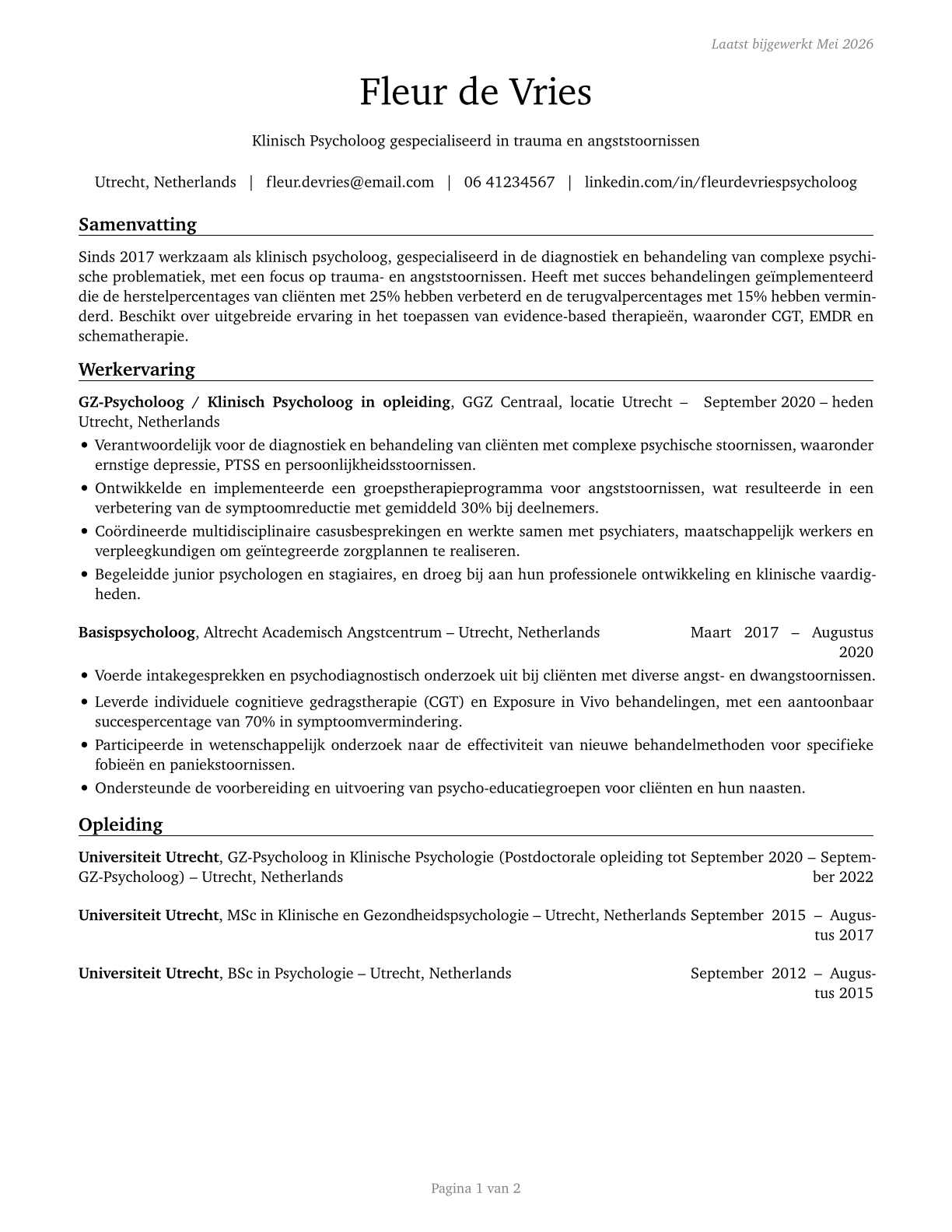 Clinical and Counseling Psychologists CV in Dutch — page 1