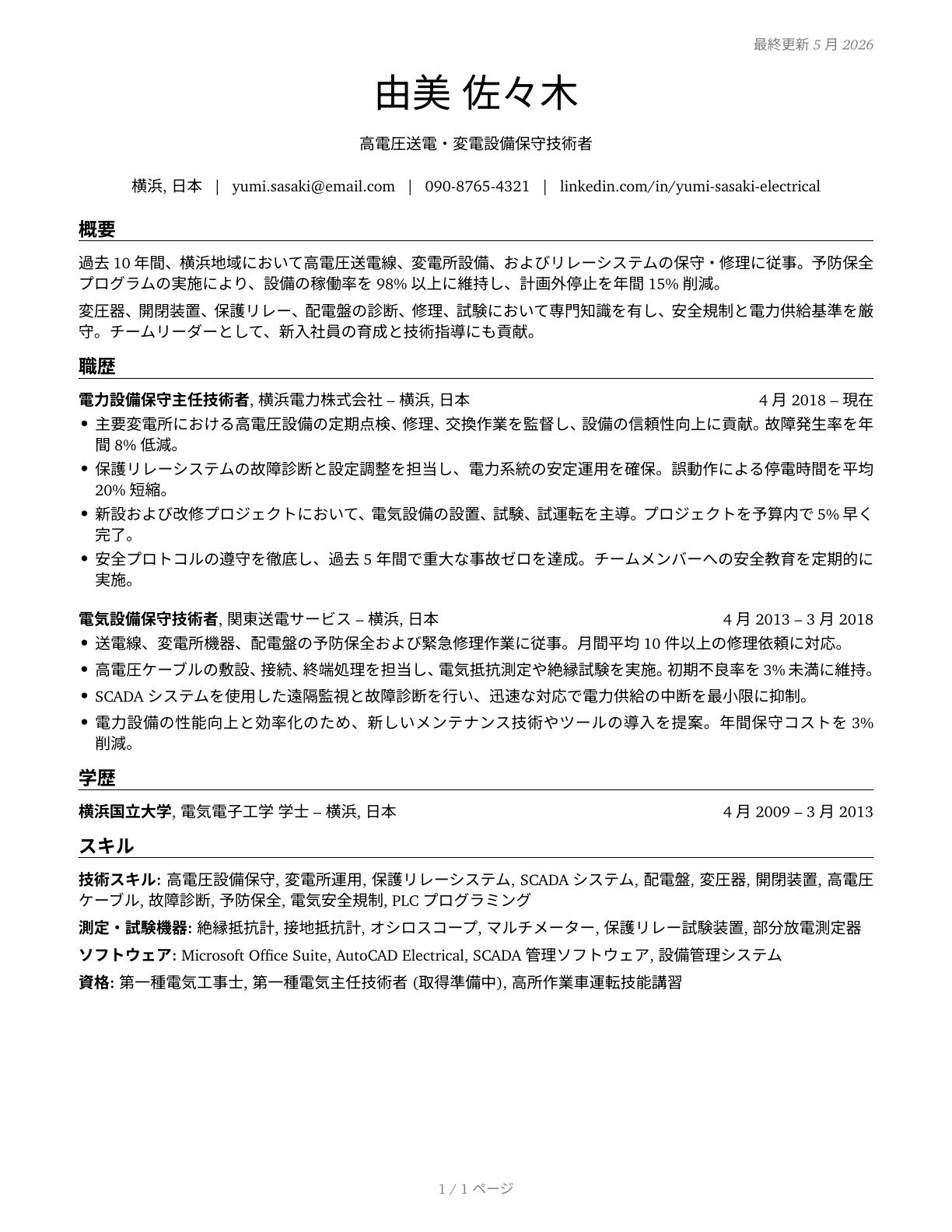 Electrical and Electronics Repairers, Powerhouse, Substation, and Relay CV in Japanese — page 1