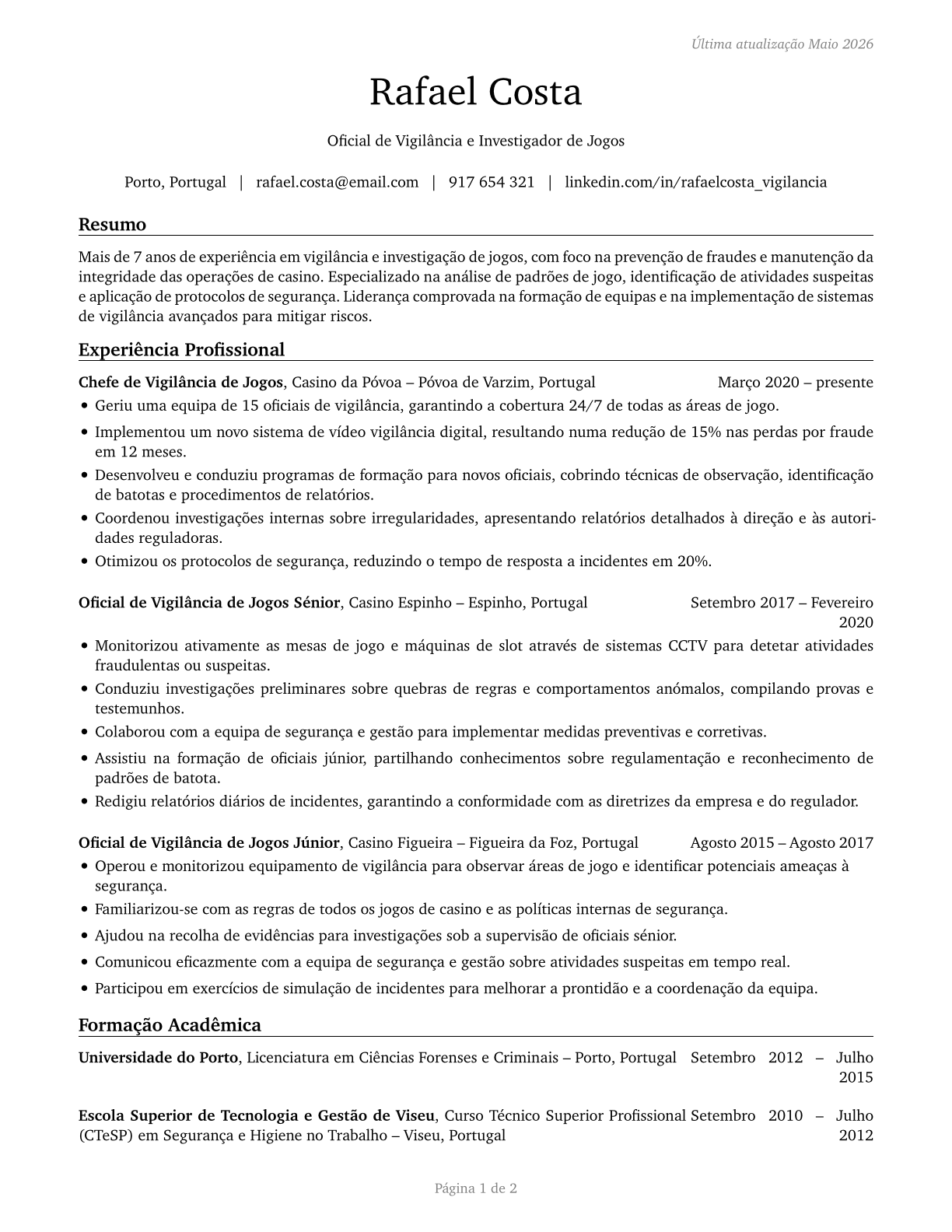 Gambling Surveillance Officers and Gambling Investigators CV in Portuguese — page 1