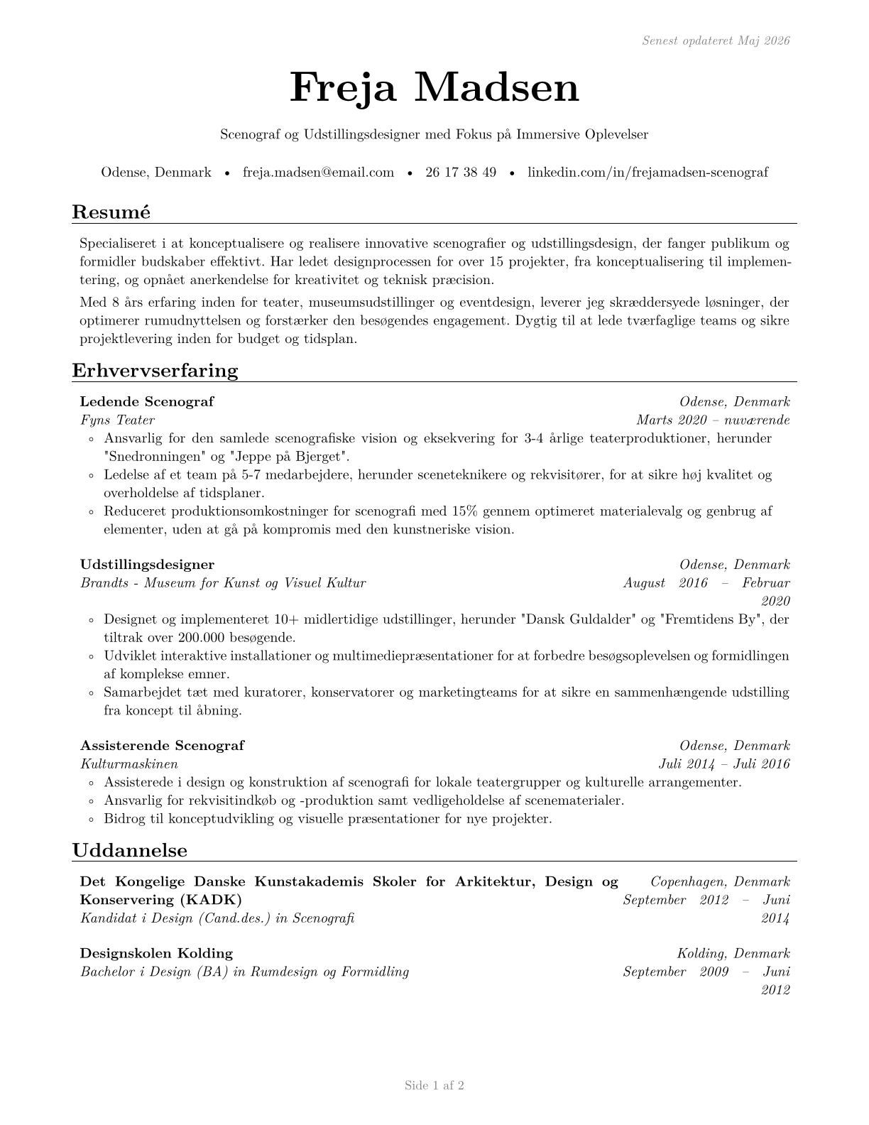 Set and Exhibit Designers CV in Danish — page 1