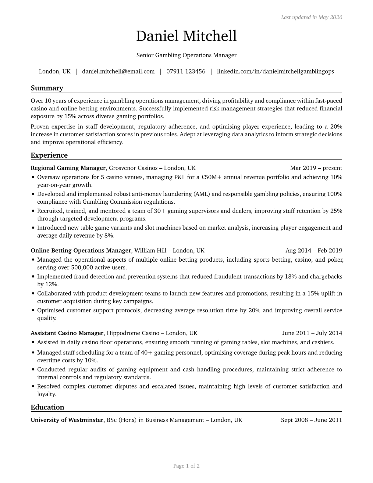 Gambling Managers CV in English — page 1
